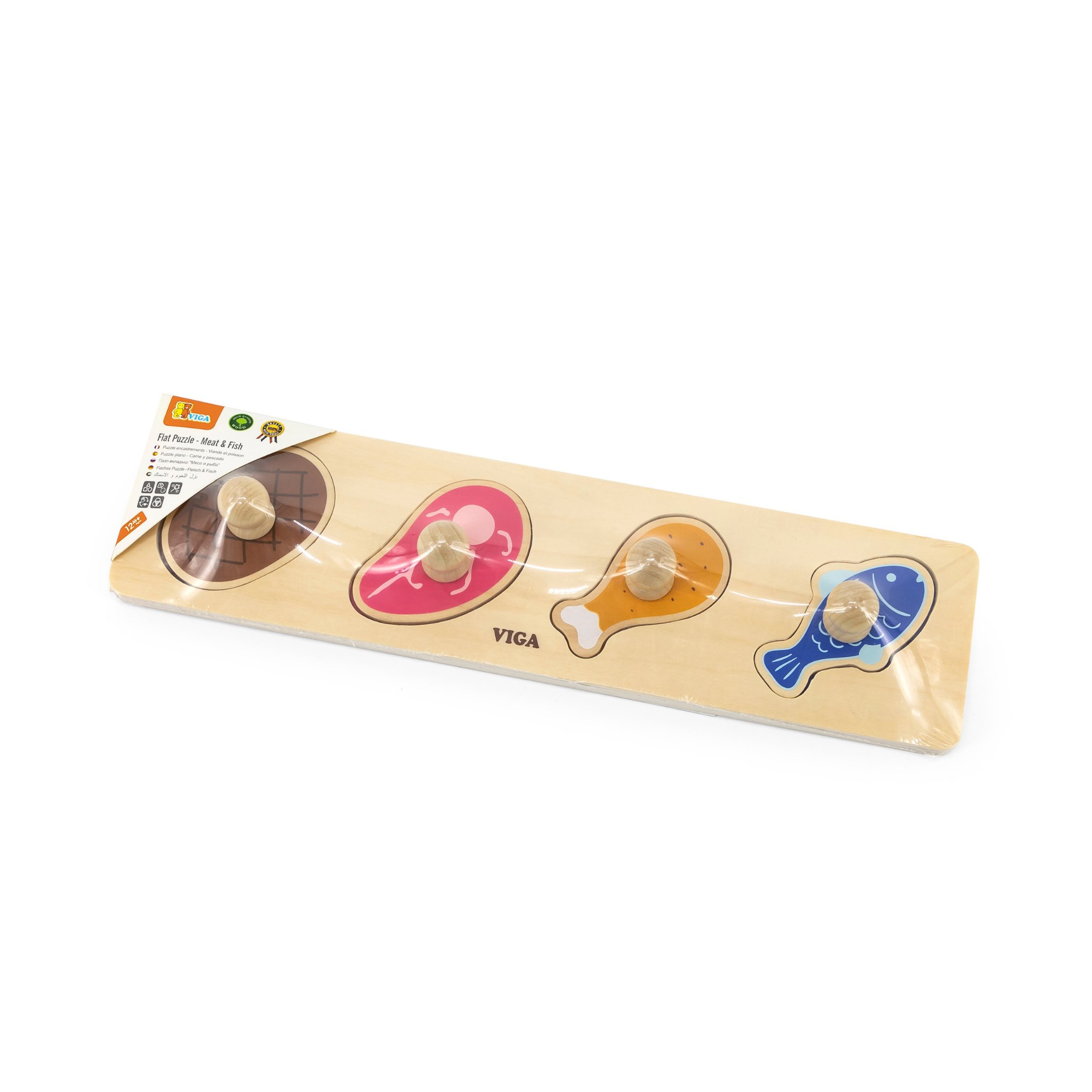 Viga Meat & Fish, 4 Piece Knob Puzzle, Montessori Wooden Toy, Develops Sensory, Cognitive & Fine Motor Skills, Non-Toxic & Eco-friendly Kids Educational Toy, Suitable for Boys and Girls Aged 12M+