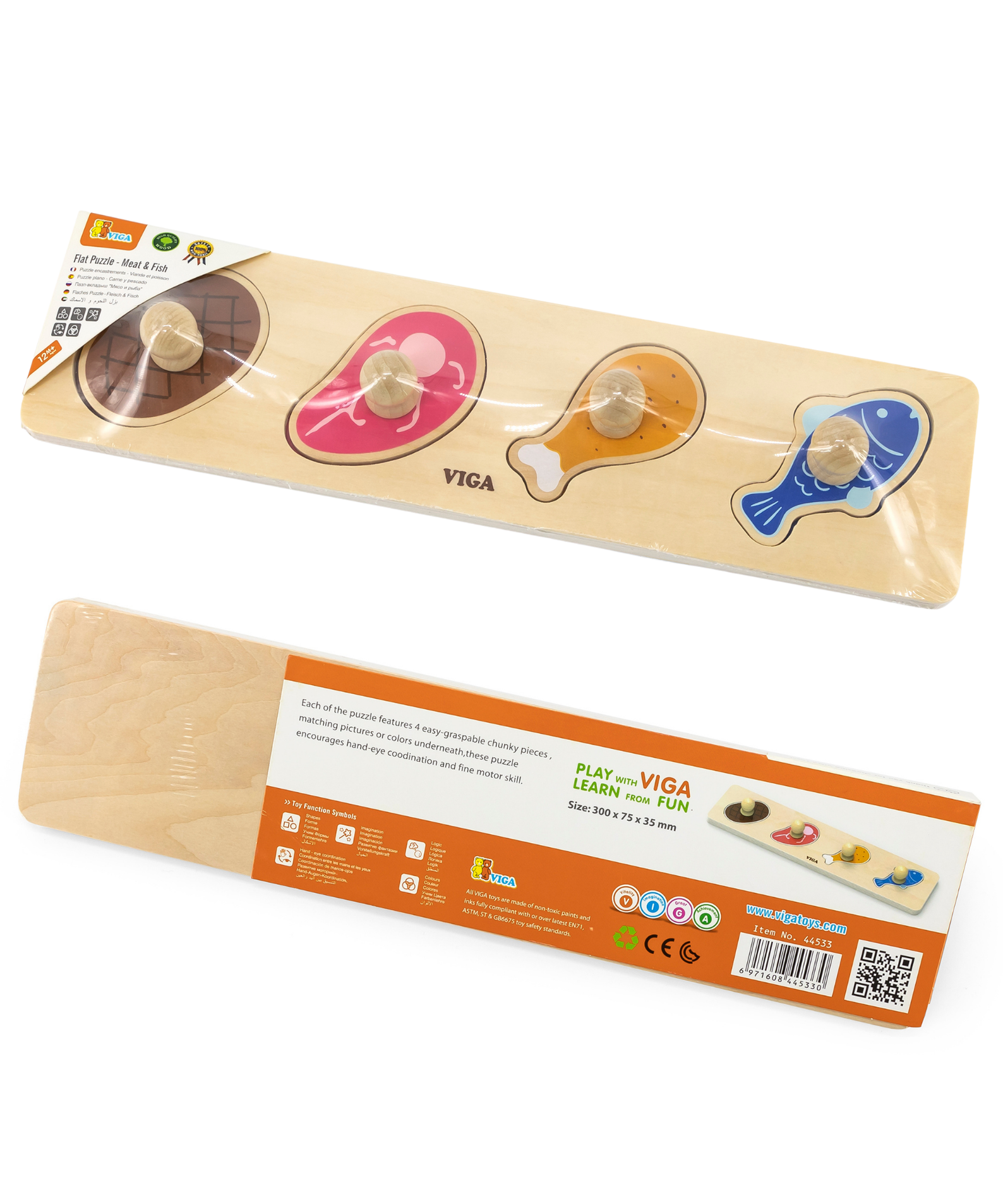 Viga Meat & Fish, 4 Piece Knob Puzzle, Montessori Wooden Toy, Develops Sensory, Cognitive & Fine Motor Skills, Non-Toxic & Eco-friendly Kids Educational Toy, Suitable for Boys and Girls Aged 12M+