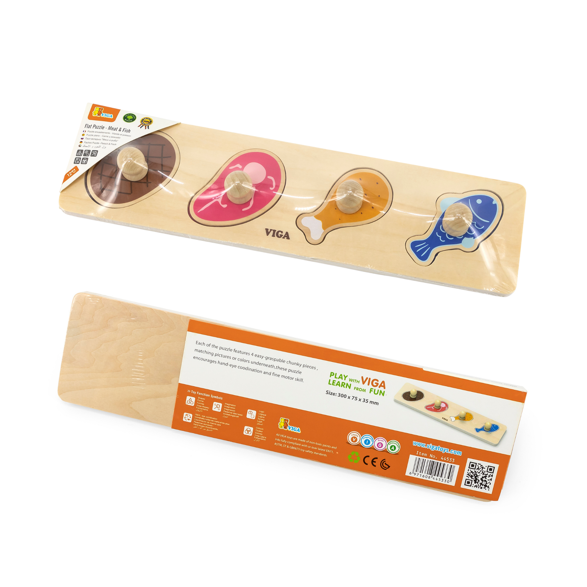Viga Meat & Fish, 4 Piece Knob Puzzle, Montessori Wooden Toy, Develops Sensory, Cognitive & Fine Motor Skills, Non-Toxic & Eco-friendly Kids Educational Toy, Suitable for Boys and Girls Aged 12M+