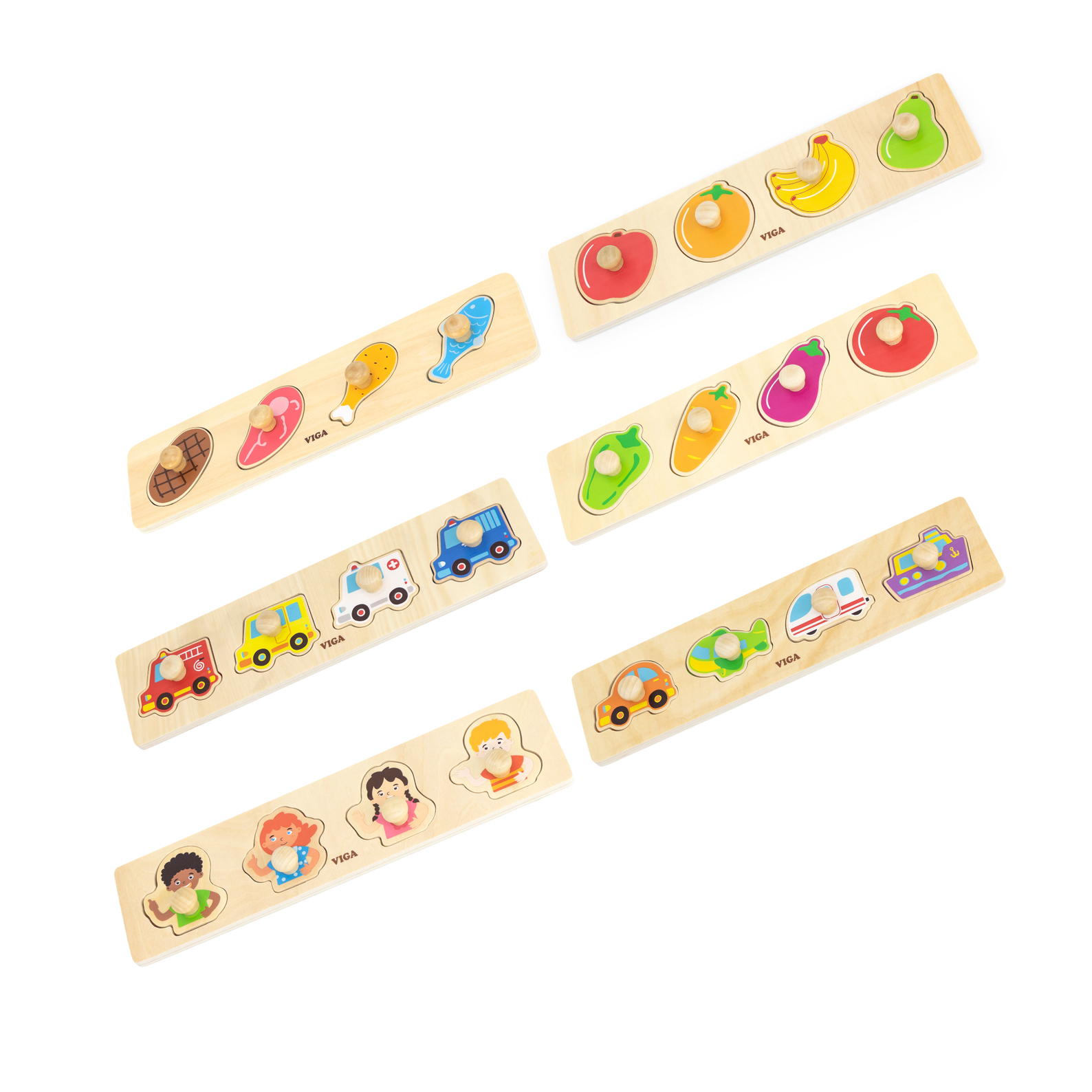 Viga Meat & Fish, 4 Piece Knob Puzzle, Montessori Wooden Toy, Develops Sensory, Cognitive & Fine Motor Skills, Non-Toxic & Eco-friendly Kids Educational Toy, Suitable for Boys and Girls Aged 12M+