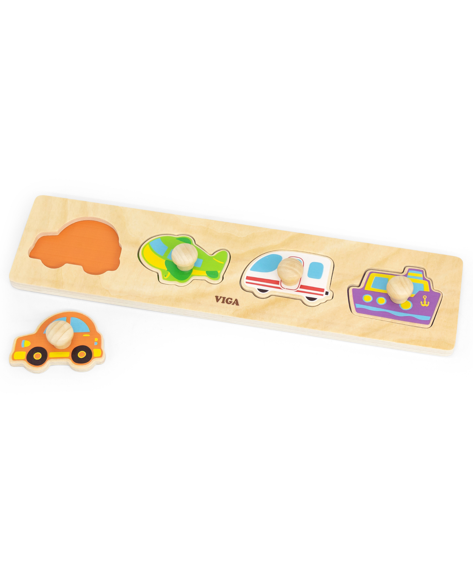 Viga Transportation, 4 Piece Knob Puzzle, Montessori Wooden Toy, Develops Sensory, Cognitive & Fine Motor Skills, Non-Toxic & Eco-friendly Kids Educational Toy, Suitable for Boys and Girls Aged 12M+