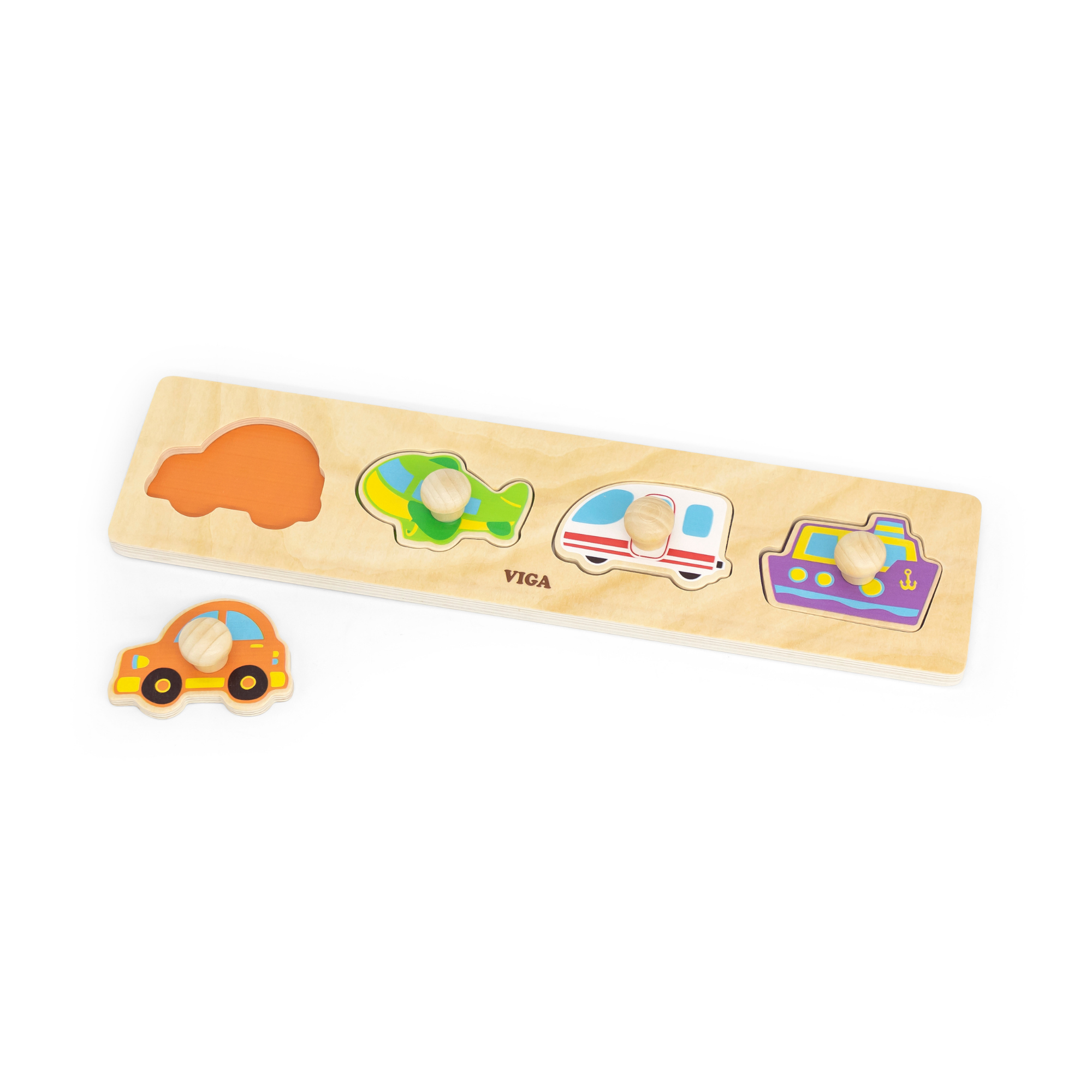 Viga Transportation, 4 Piece Knob Puzzle, Montessori Wooden Toy, Develops Sensory, Cognitive & Fine Motor Skills, Non-Toxic & Eco-friendly Kids Educational Toy, Suitable for Boys and Girls Aged 12M+