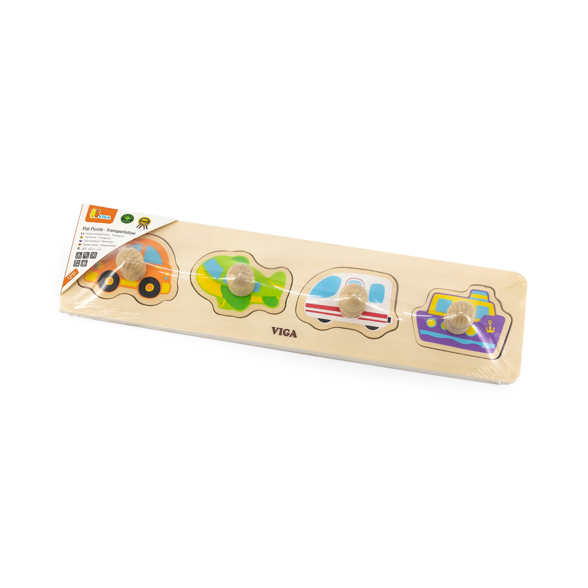 Viga Transportation, 4 Piece Knob Puzzle, Montessori Wooden Toy, Develops Sensory, Cognitive & Fine Motor Skills, Non-Toxic & Eco-friendly Kids Educational Toy, Suitable for Boys and Girls Aged 12M+