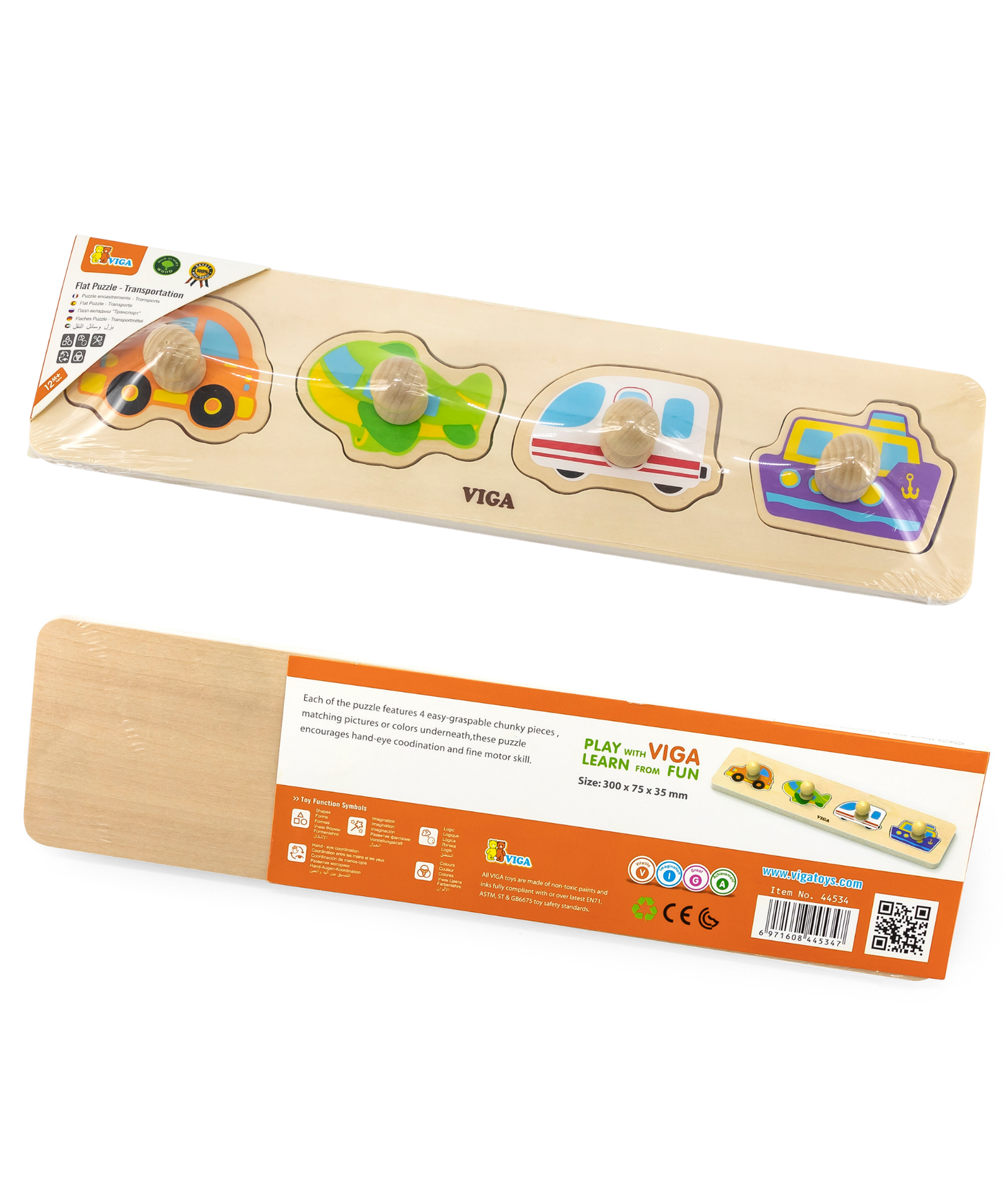 Viga Transportation, 4 Piece Knob Puzzle, Montessori Wooden Toy, Develops Sensory, Cognitive & Fine Motor Skills, Non-Toxic & Eco-friendly Kids Educational Toy, Suitable for Boys and Girls Aged 12M+