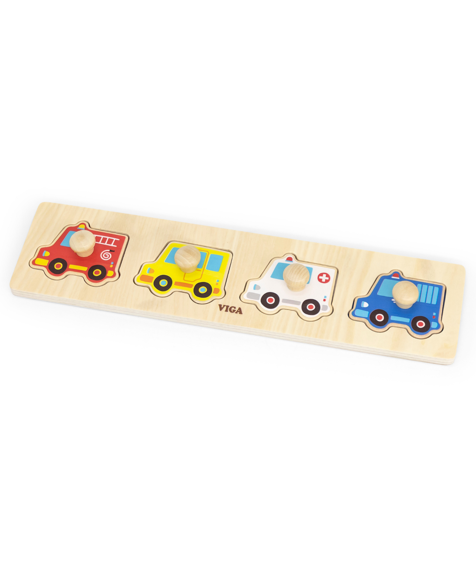 Viga Vehicles, 4 Piece Knob Puzzle, Montessori Wooden Toy, Develops Sensory, Cognitive & Fine Motor Skills, Non-Toxic & Eco-friendly Kids Educational Toy, Suitable for Boys and Girls Aged 12M+