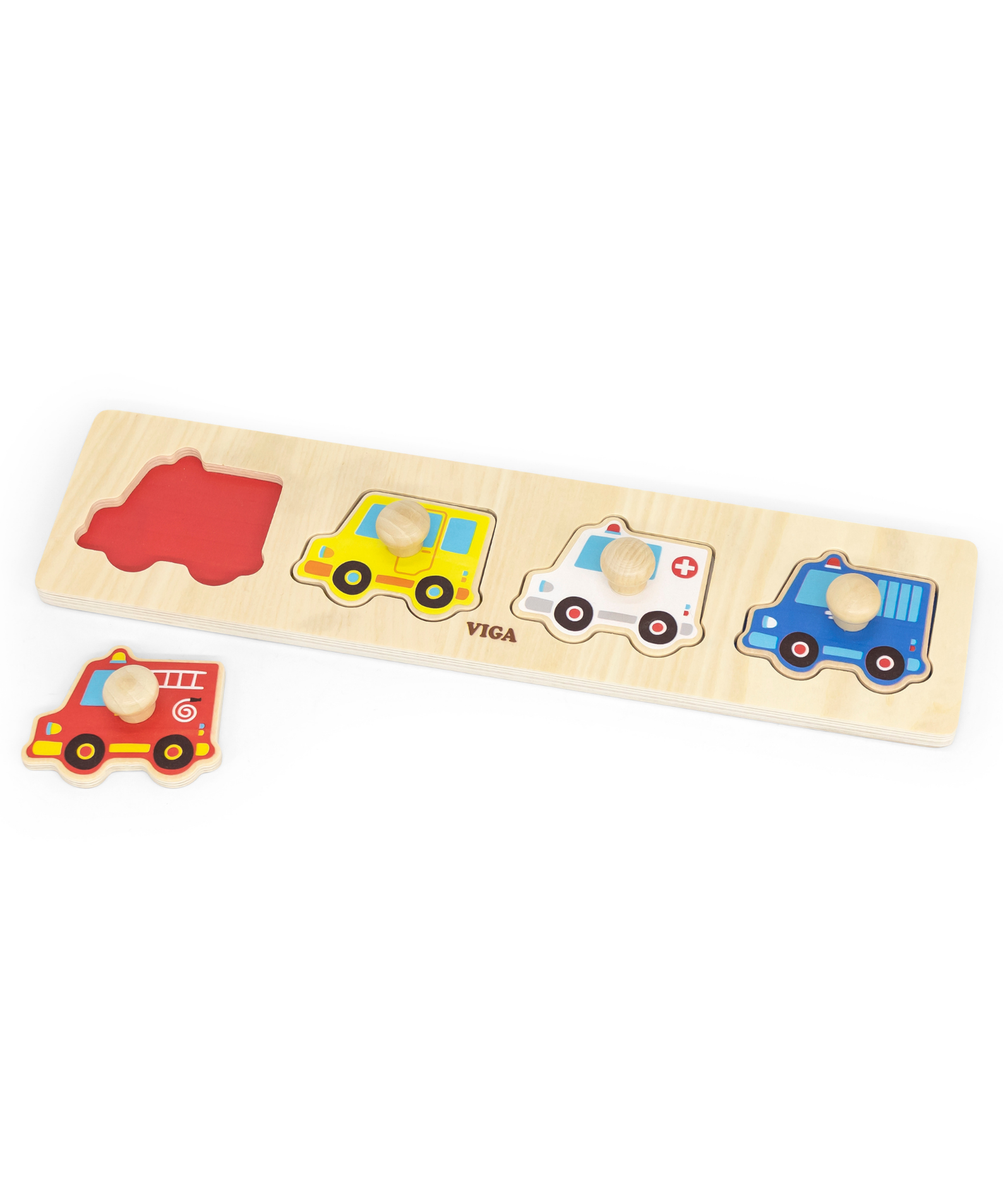 Viga Vehicles, 4 Piece Knob Puzzle, Montessori Wooden Toy, Develops Sensory, Cognitive & Fine Motor Skills, Non-Toxic & Eco-friendly Kids Educational Toy, Suitable for Boys and Girls Aged 12M+