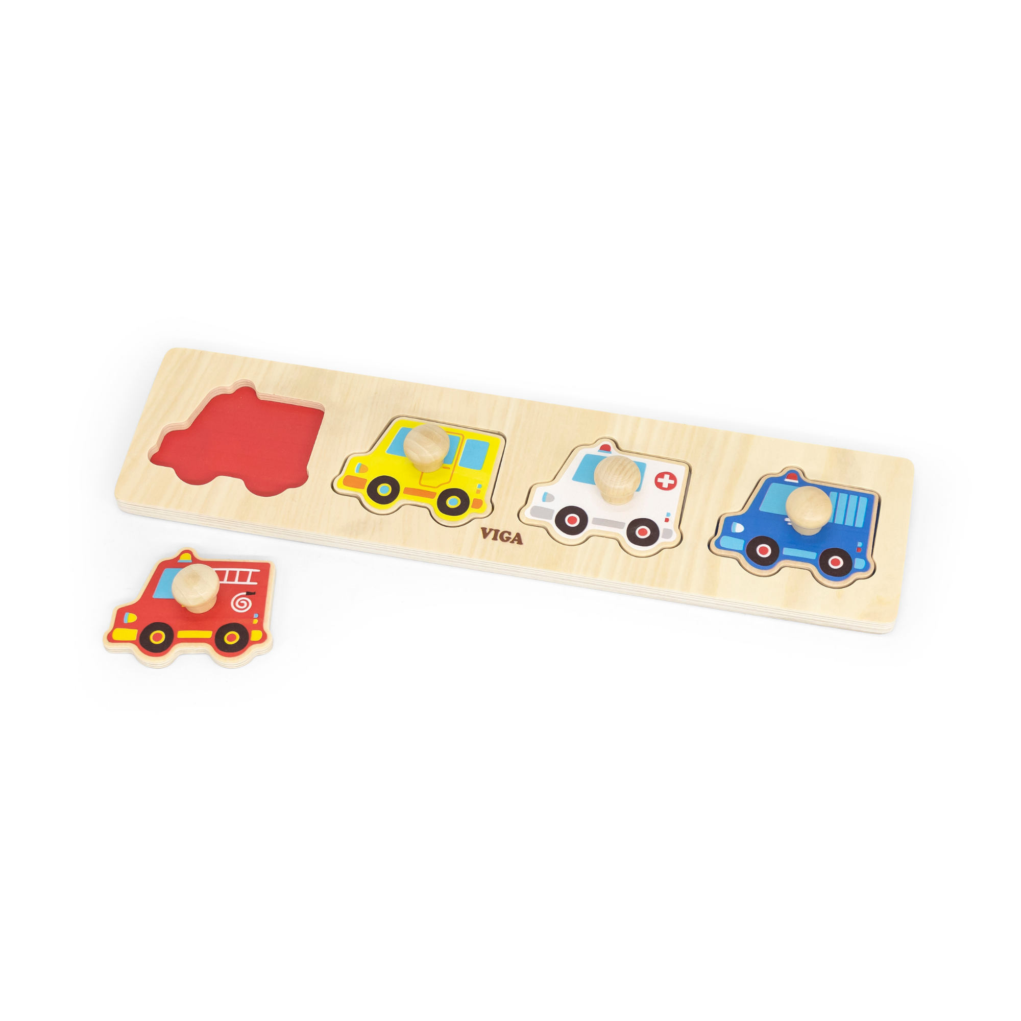 Viga Vehicles, 4 Piece Knob Puzzle, Montessori Wooden Toy, Develops Sensory, Cognitive & Fine Motor Skills, Non-Toxic & Eco-friendly Kids Educational Toy, Suitable for Boys and Girls Aged 12M+