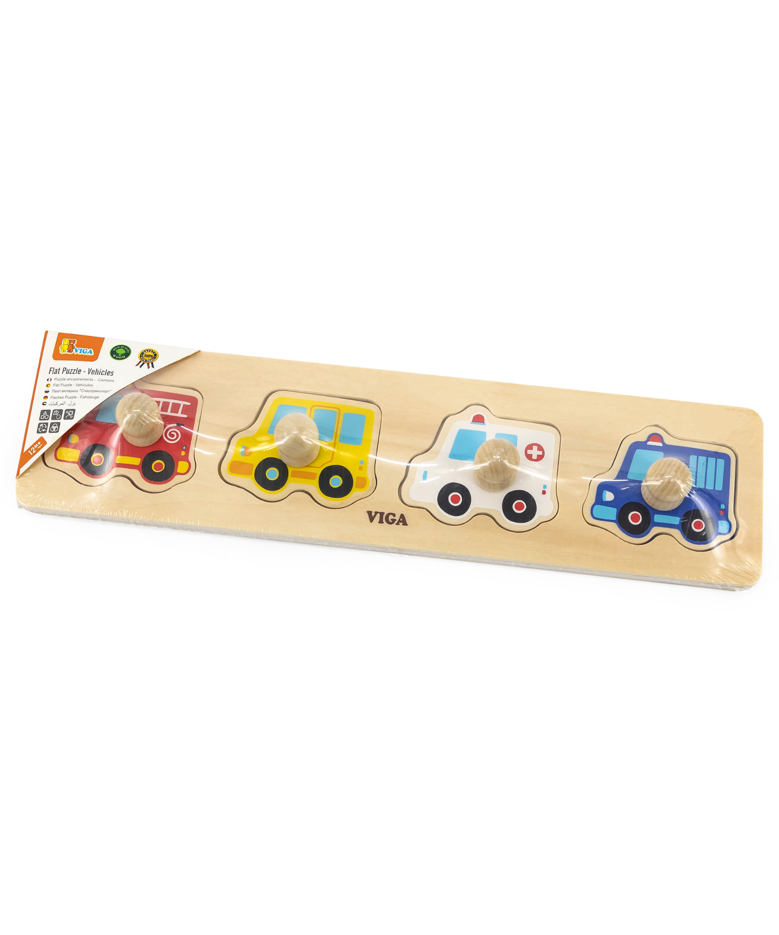 Viga Vehicles, 4 Piece Knob Puzzle, Montessori Wooden Toy, Develops Sensory, Cognitive & Fine Motor Skills, Non-Toxic & Eco-friendly Kids Educational Toy, Suitable for Boys and Girls Aged 12M+