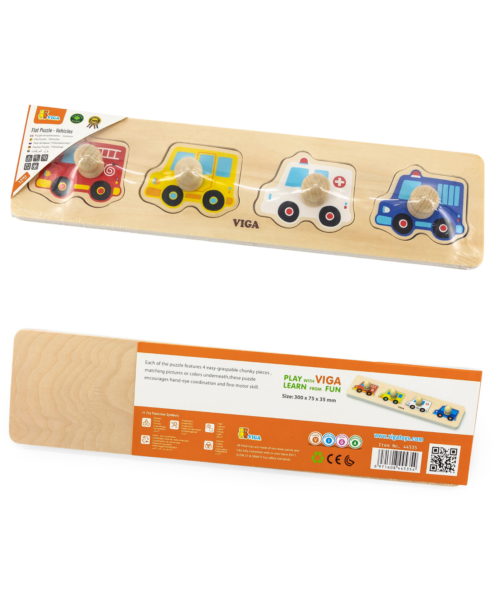 Viga Vehicles, 4 Piece Knob Puzzle, Montessori Wooden Toy, Develops Sensory, Cognitive & Fine Motor Skills, Non-Toxic & Eco-friendly Kids Educational Toy, Suitable for Boys and Girls Aged 12M+