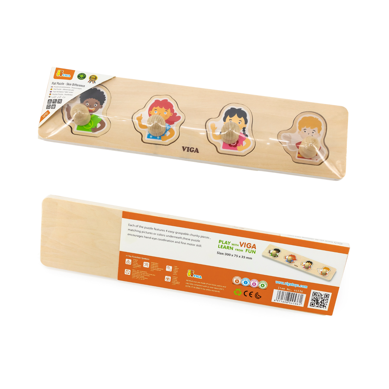Viga Different Skin, 4 Piece Knob Puzzle, Montessori Wooden Toy, Develops Sensory, Cognitive & Fine Motor Skills, Non-Toxic & Eco-friendly Kids Educational Toy, Suitable for Boys and Girls Aged 12M+