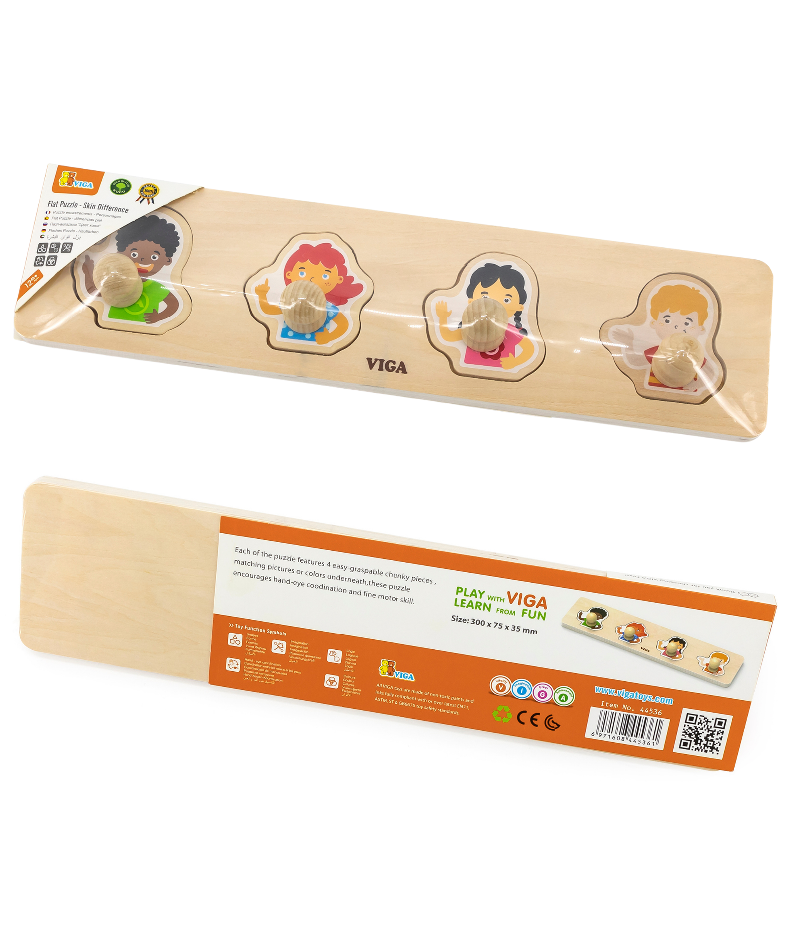 Viga Different Skin, 4 Piece Knob Puzzle, Montessori Wooden Toy, Develops Sensory, Cognitive & Fine Motor Skills, Non-Toxic & Eco-friendly Kids Educational Toy, Suitable for Boys and Girls Aged 12M+