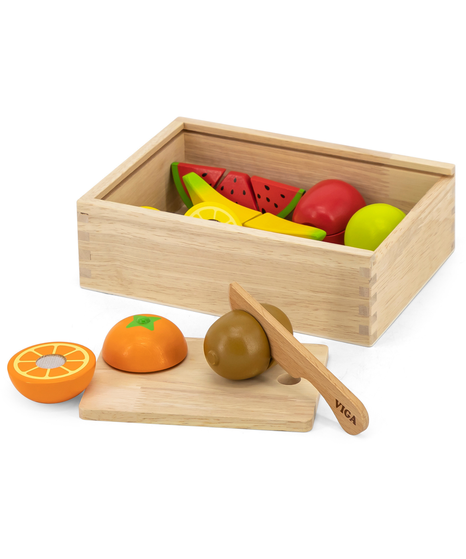 Viga Wooden Cutting Fruit Set for Toddlers  Pretend Play Kitchen Toy with Knife and Cutting Board  Montessori-Inspired Learning  Ages 18 Months and Up