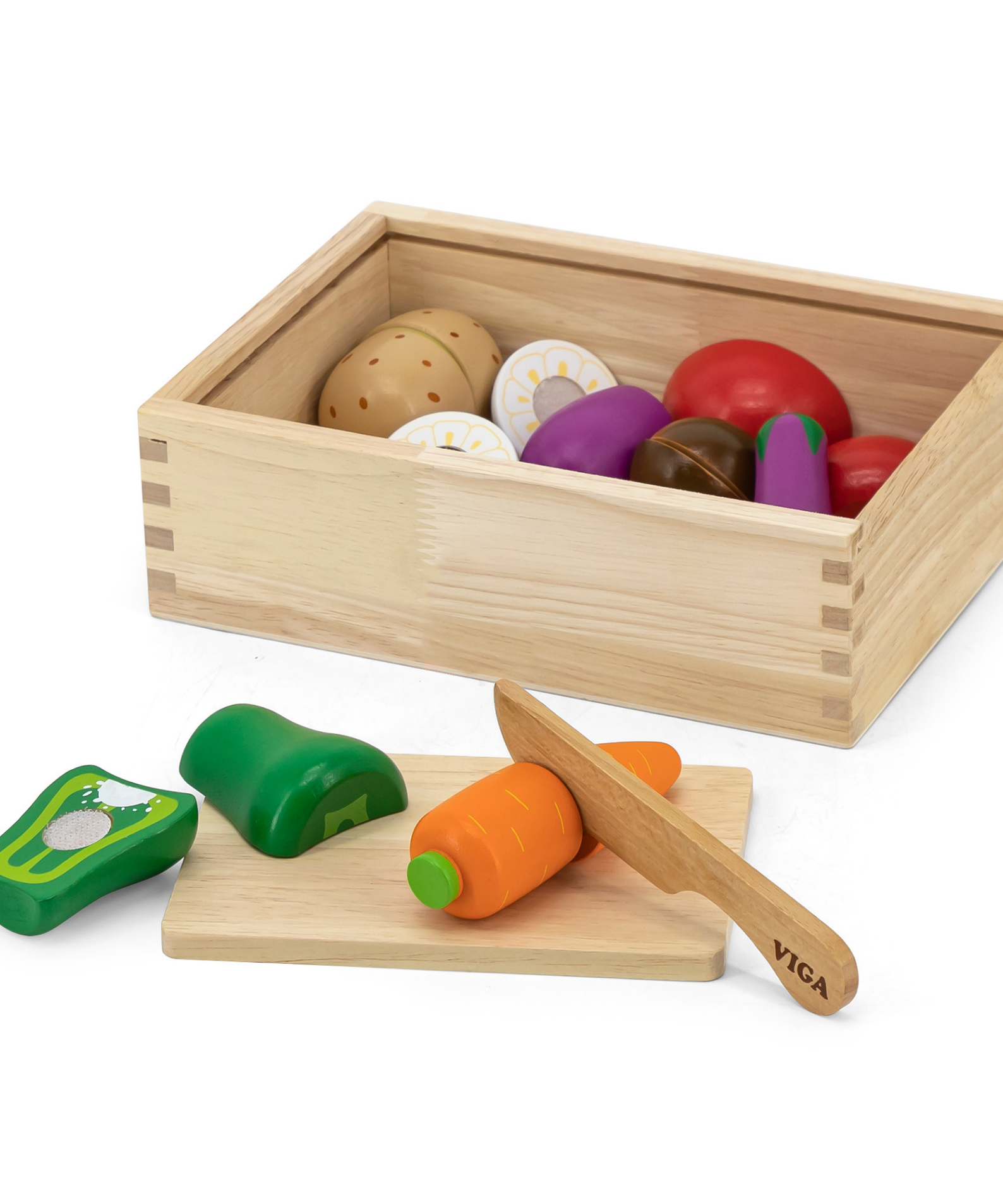 VIGA Wooden Vegetable Chopping Set for Kids  Pretend Play Kitchen Toy with Knife and Fruits  Roleplay Toy for Ages 18 Months and Up