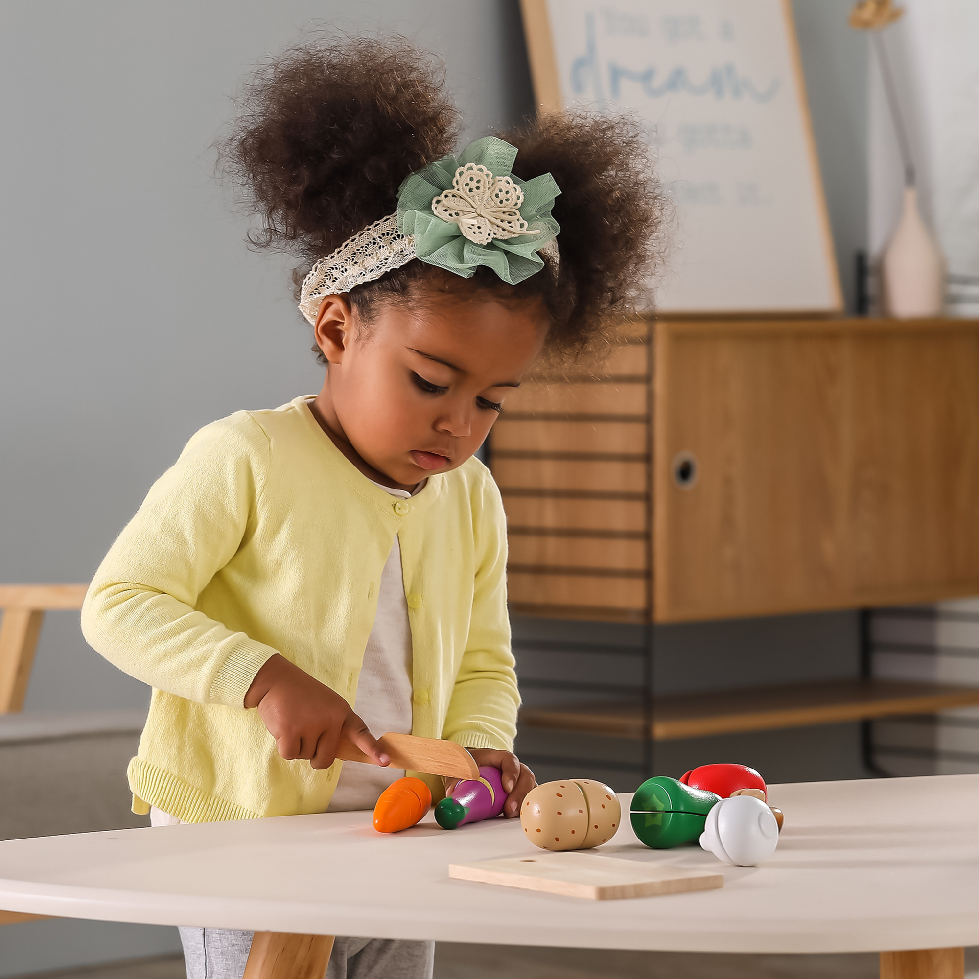 VIGA Wooden Vegetable Chopping Set for Kids  Pretend Play Kitchen Toy with Knife and Fruits  Roleplay Toy for Ages 18 Months and Up