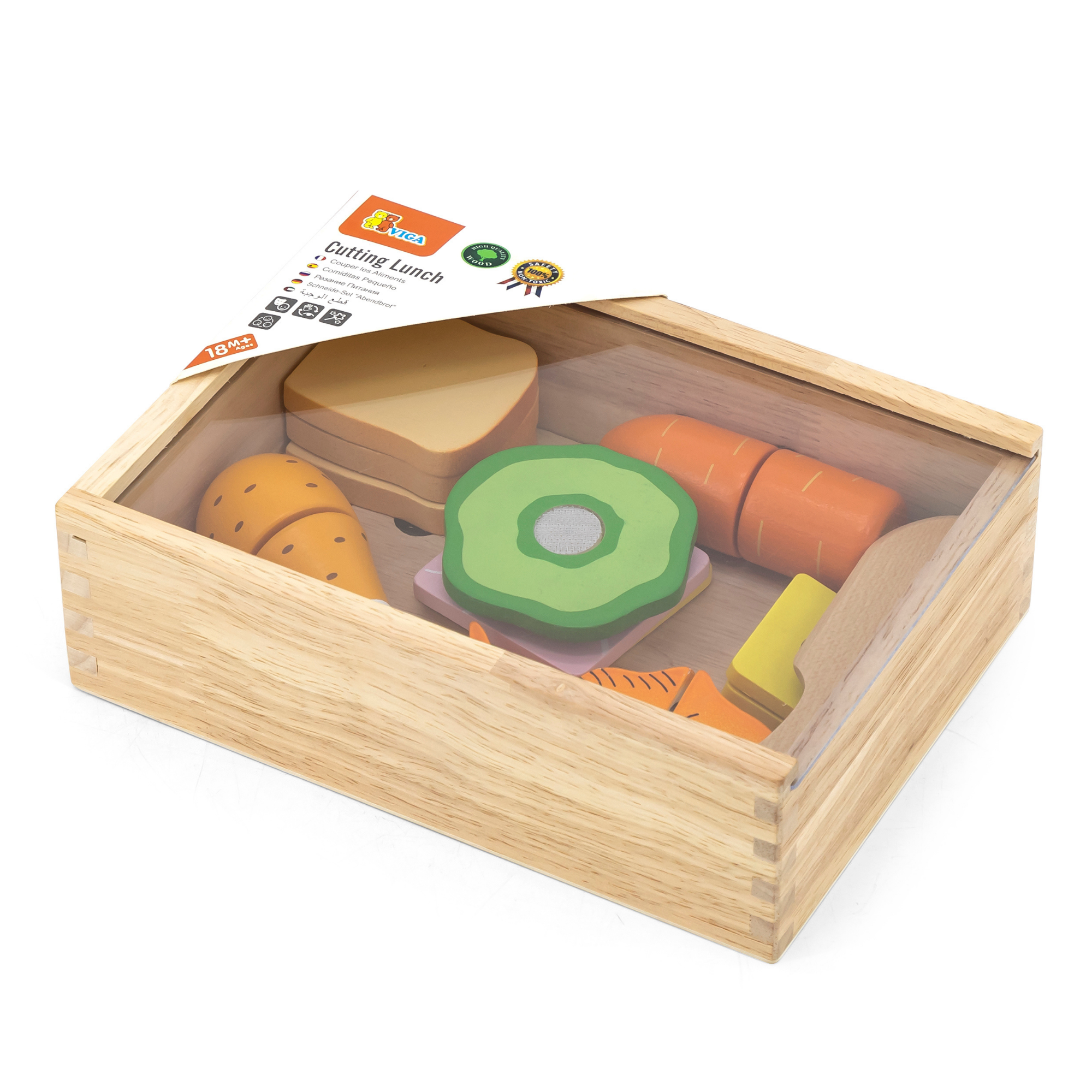 VIGA Wooden Cutting Lunch Set for Kids  Pretend Play Kitchen Toy with Knife and Food Pieces  Roleplay Toy for Ages 18 Months and Up