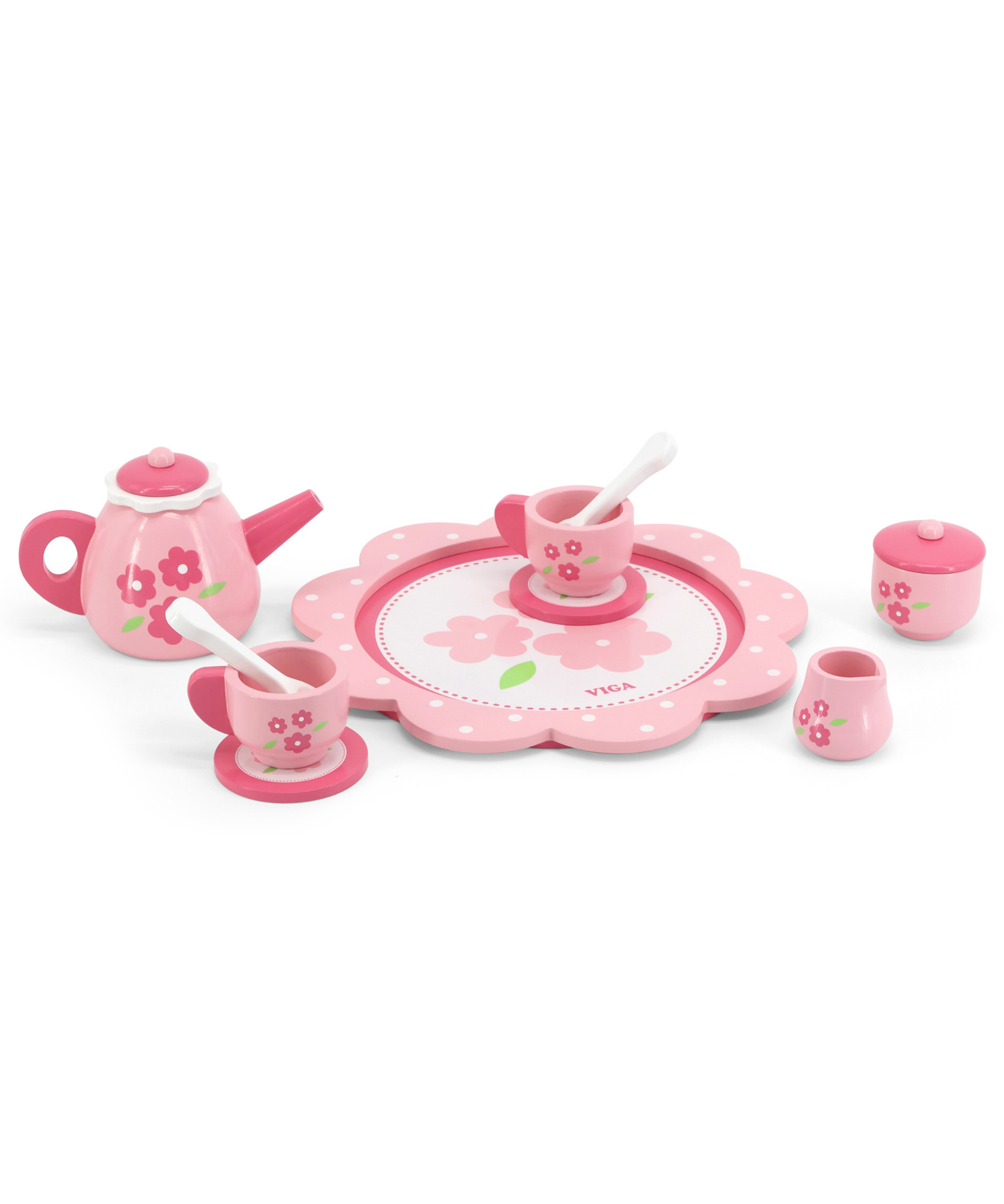Viga Wooden Tea and Coffee Set for Kids  12-Piece Pretend Play Toy with Tray  Pink Flower Design  Ages 18 Months and Up