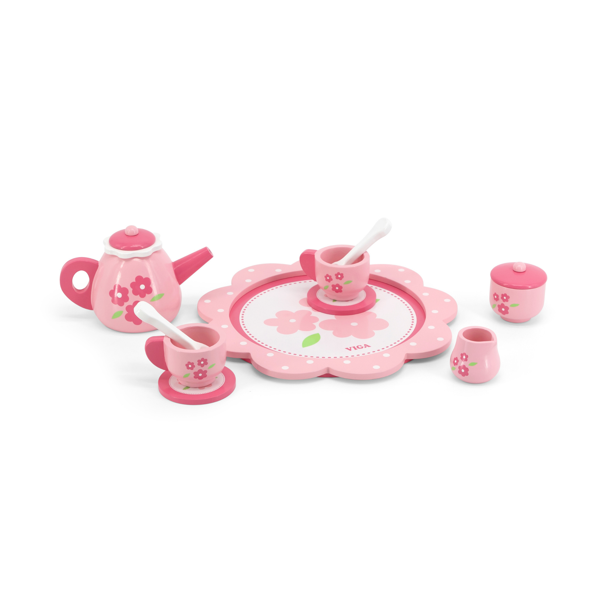 Viga Wooden Tea and Coffee Set for Kids  12-Piece Pretend Play Toy with Tray  Pink Flower Design  Ages 18 Months and Up