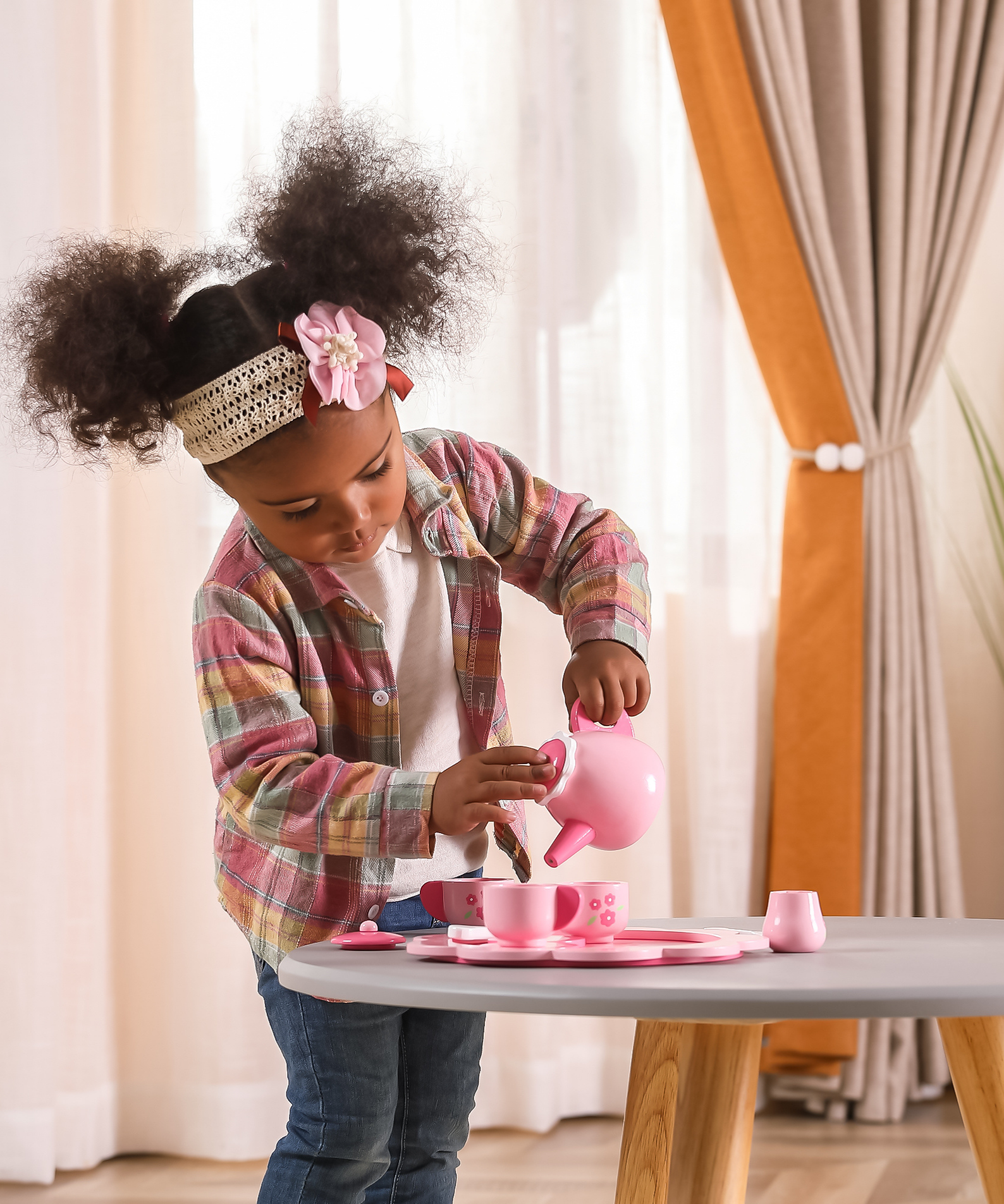 Viga Wooden Tea and Coffee Set for Kids  12-Piece Pretend Play Toy with Tray  Pink Flower Design  Ages 18 Months and Up