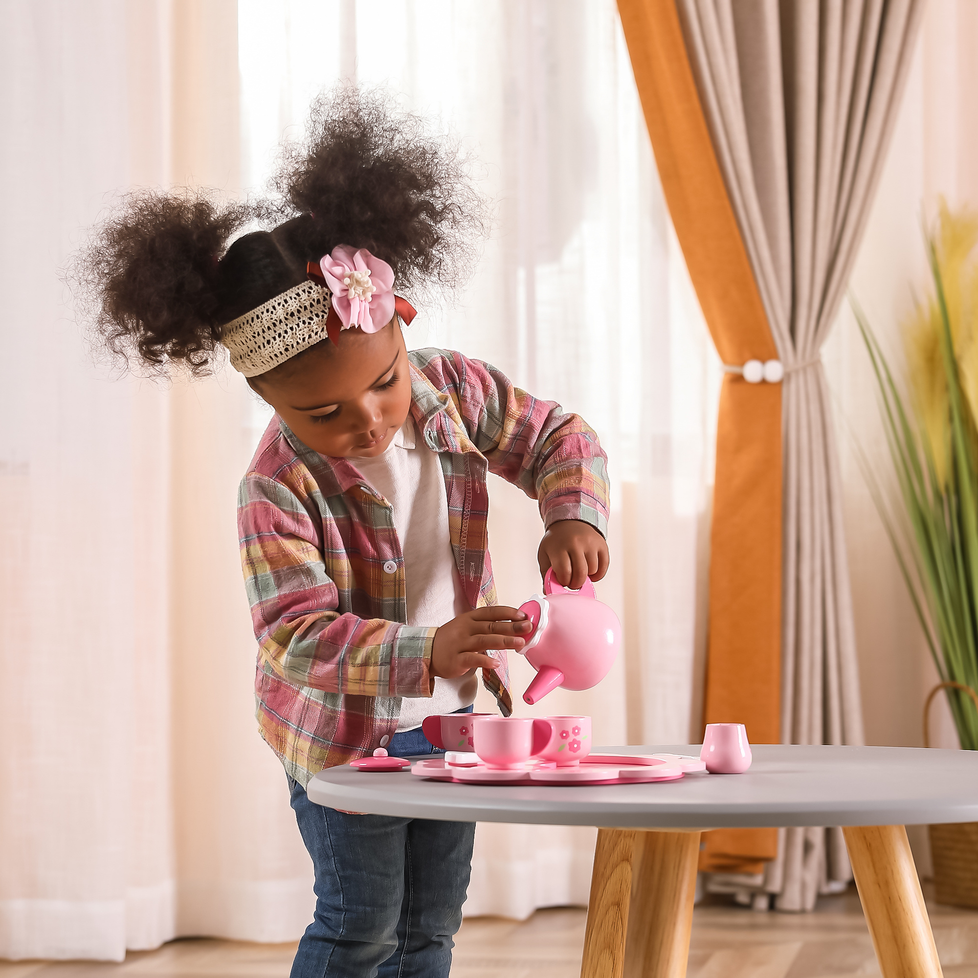 Viga Wooden Tea and Coffee Set for Kids  12-Piece Pretend Play Toy with Tray  Pink Flower Design  Ages 18 Months and Up