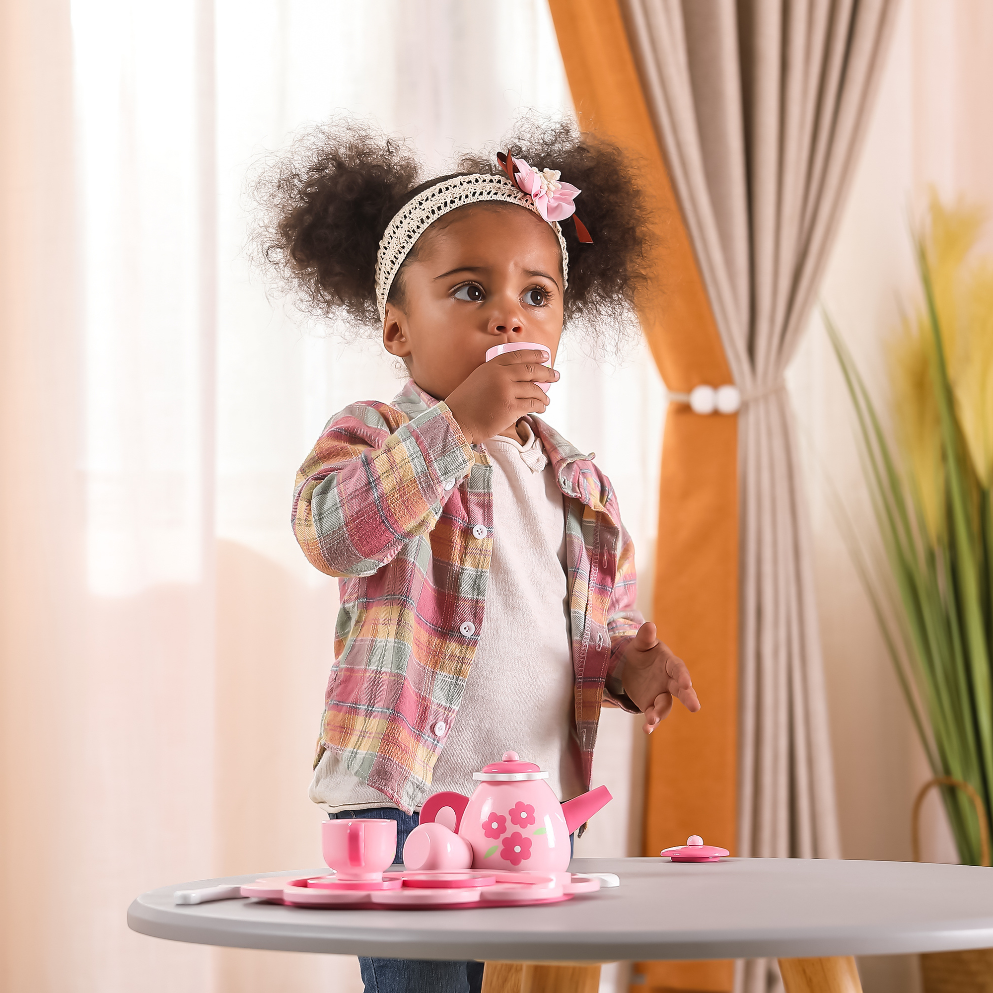 Viga Wooden Tea and Coffee Set for Kids  12-Piece Pretend Play Toy with Tray  Pink Flower Design  Ages 18 Months and Up