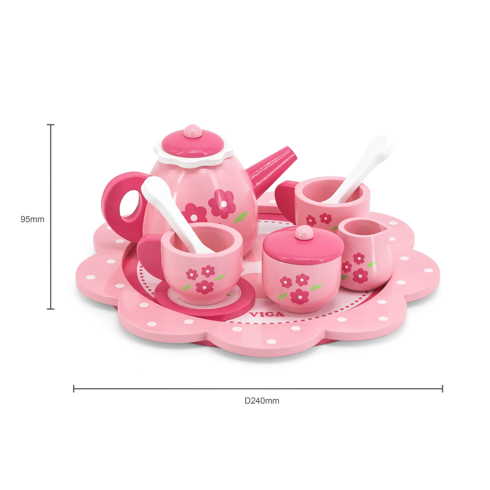 Viga Wooden Tea and Coffee Set for Kids  12-Piece Pretend Play Toy with Tray  Pink Flower Design  Ages 18 Months and Up