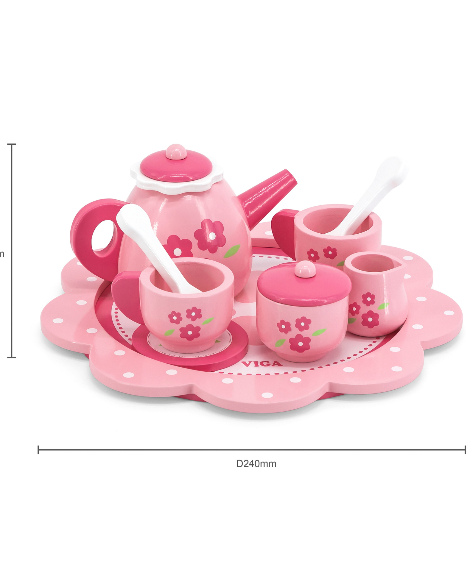 Viga Wooden Tea and Coffee Set for Kids  12-Piece Pretend Play Toy with Tray  Pink Flower Design  Ages 18 Months and Up