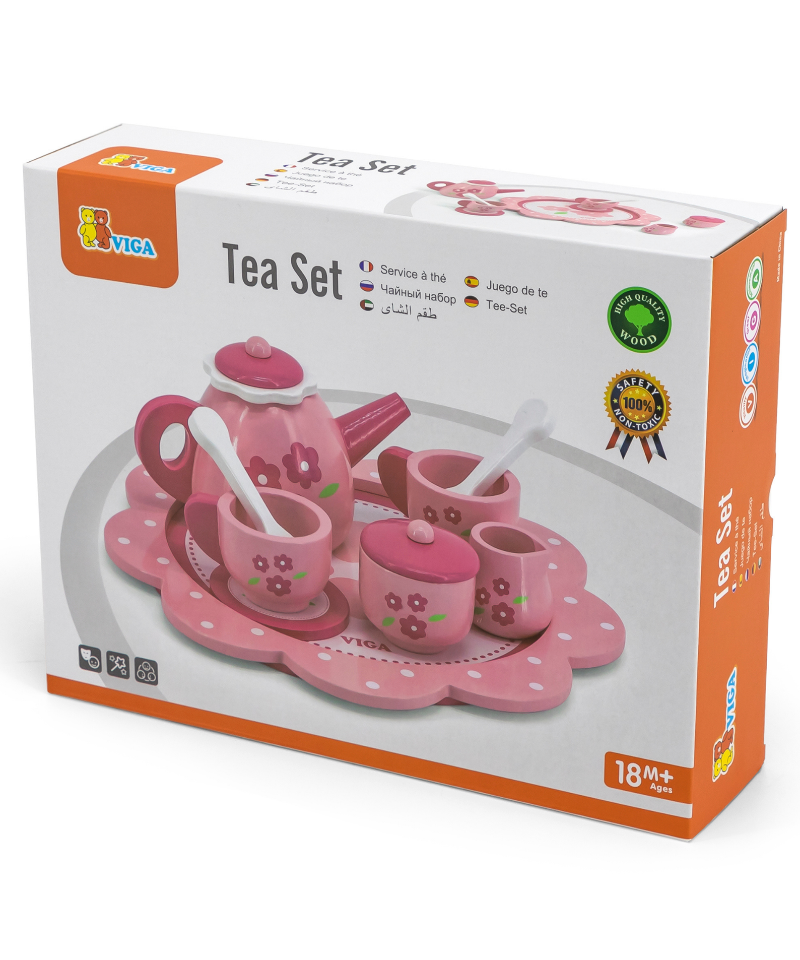 Viga Wooden Tea and Coffee Set for Kids  12-Piece Pretend Play Toy with Tray  Pink Flower Design  Ages 18 Months and Up