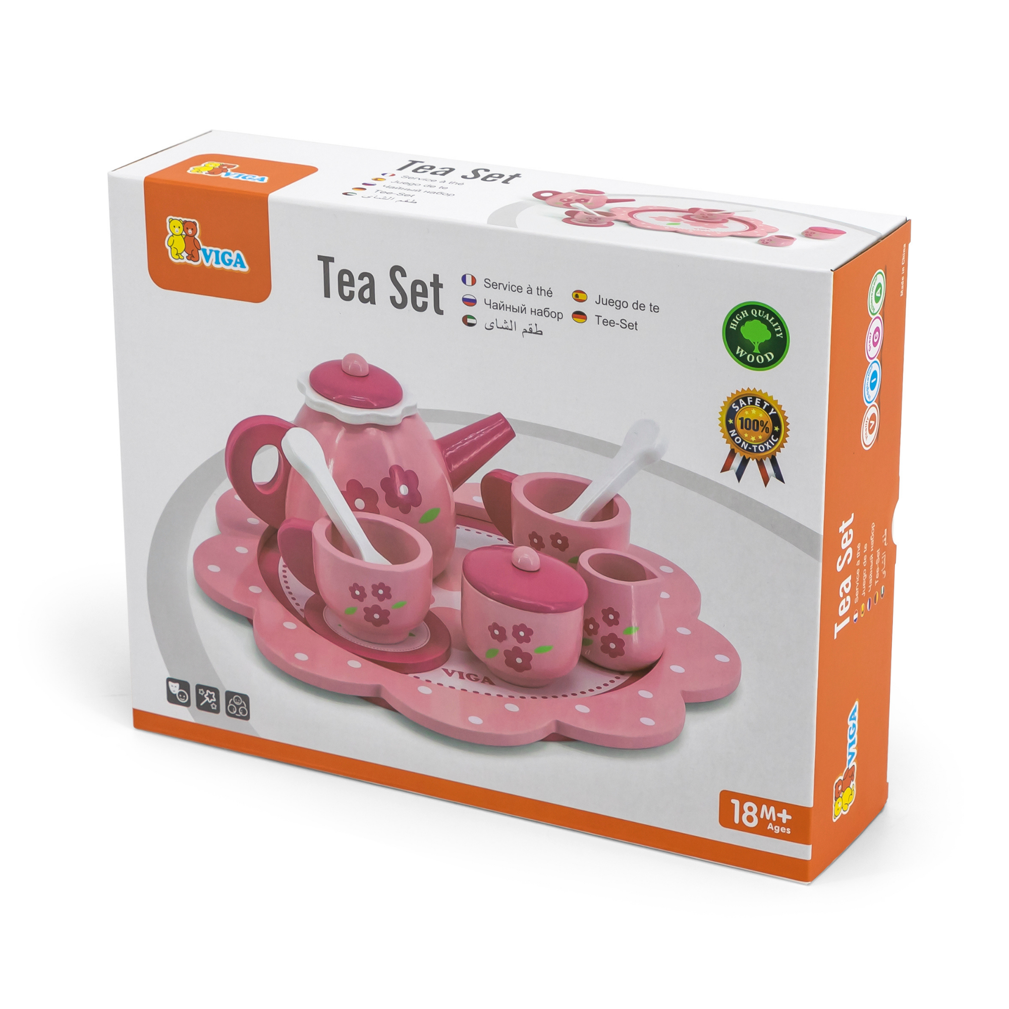 Viga Wooden Tea and Coffee Set for Kids  12-Piece Pretend Play Toy with Tray  Pink Flower Design  Ages 18 Months and Up