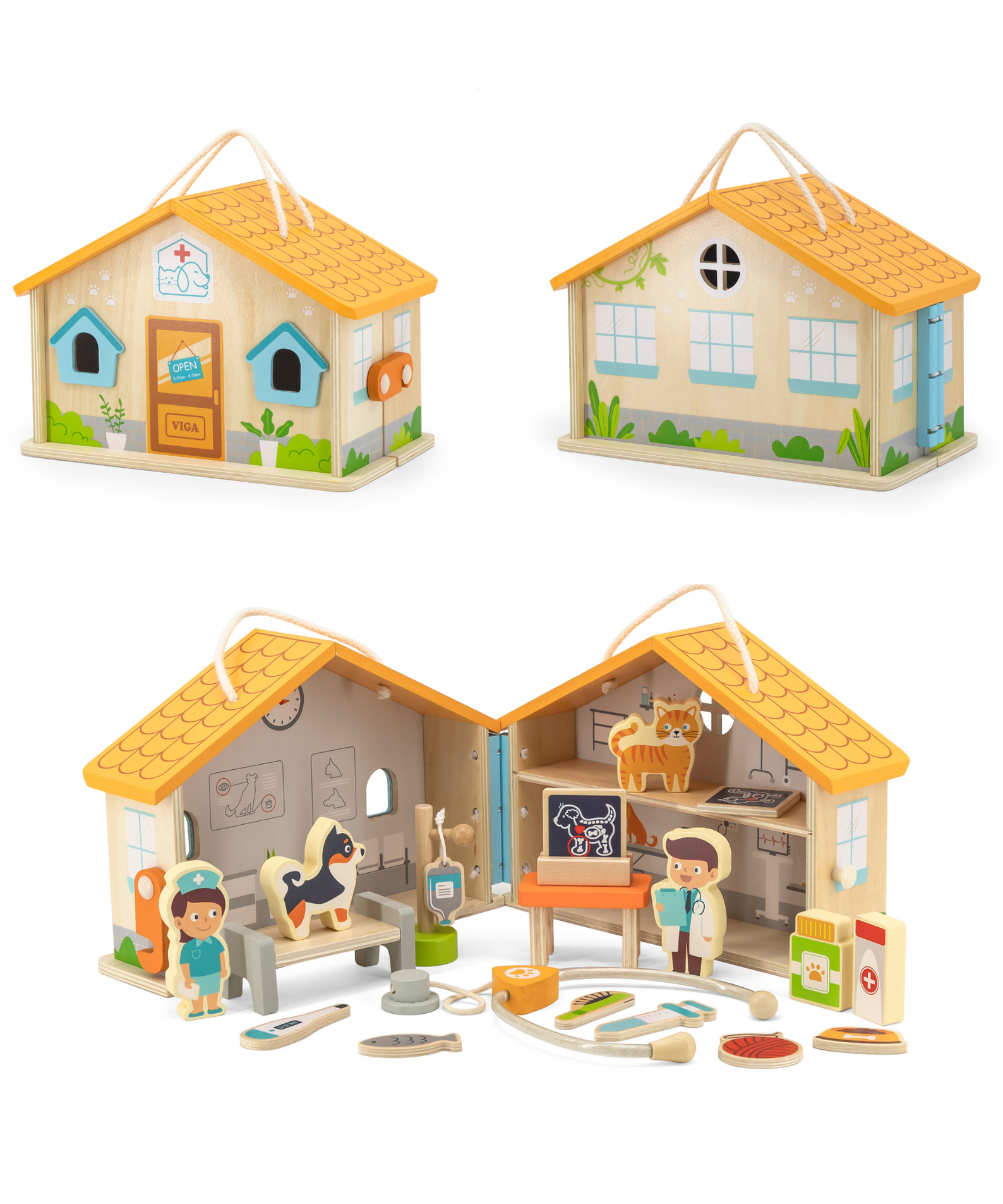 Viga Wooden Pet Hospital Roleplay Set  19-Piece Veterinary Clinic Toy with Dog, Cat, and Accessories  Portable Suitcase Design  Ages 3 and Up