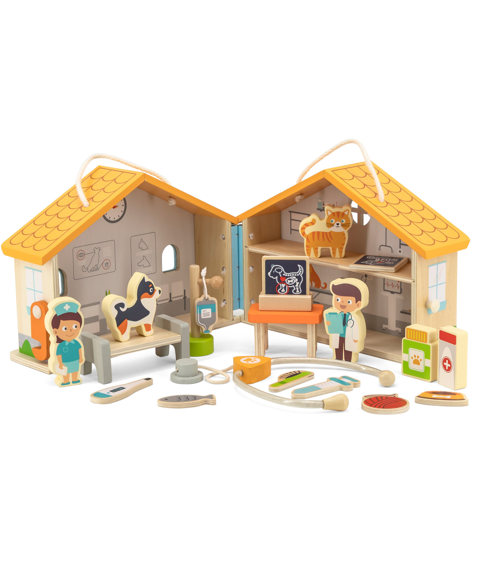 Viga Wooden Pet Hospital Roleplay Set  19-Piece Veterinary Clinic Toy with Dog, Cat, and Accessories  Portable Suitcase Design  Ages 3 and Up