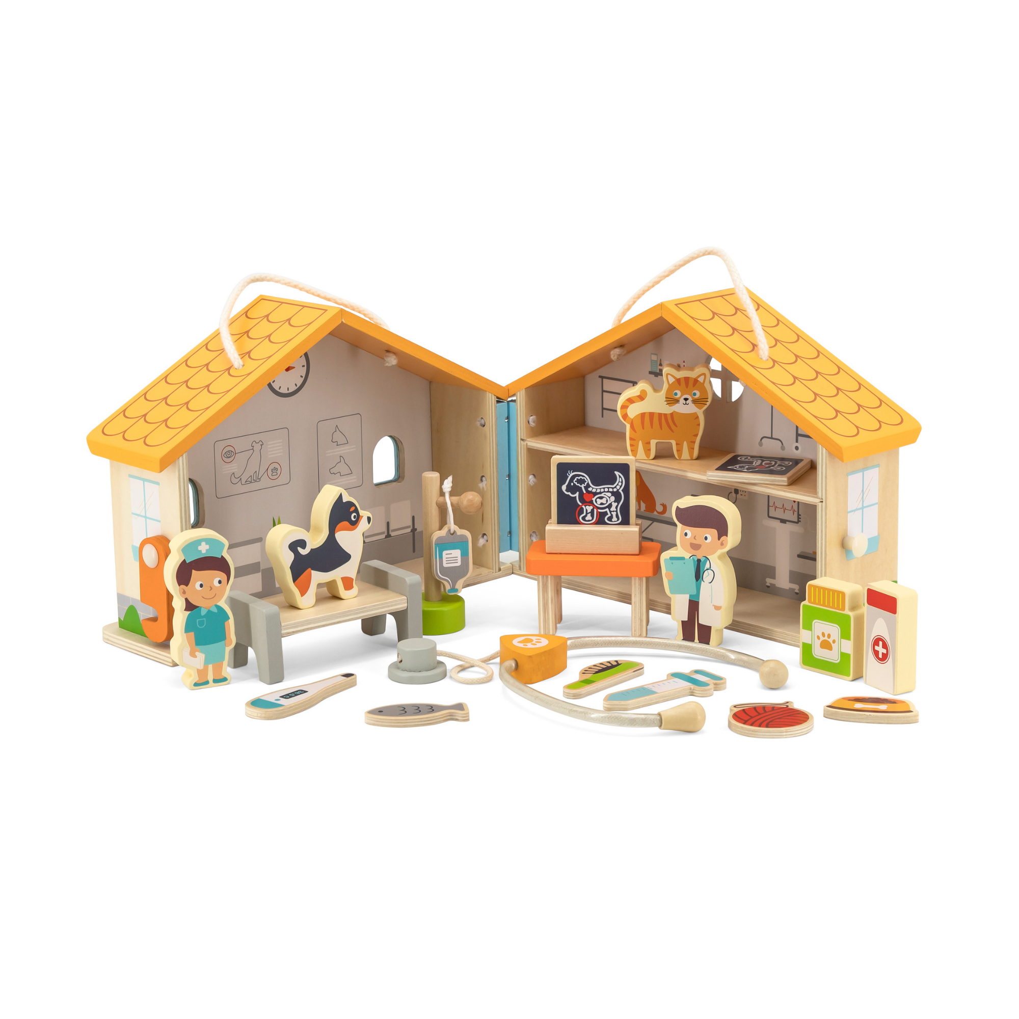 Viga Wooden Pet Hospital Roleplay Set  19-Piece Veterinary Clinic Toy with Dog, Cat, and Accessories  Portable Suitcase Design  Ages 3 and Up