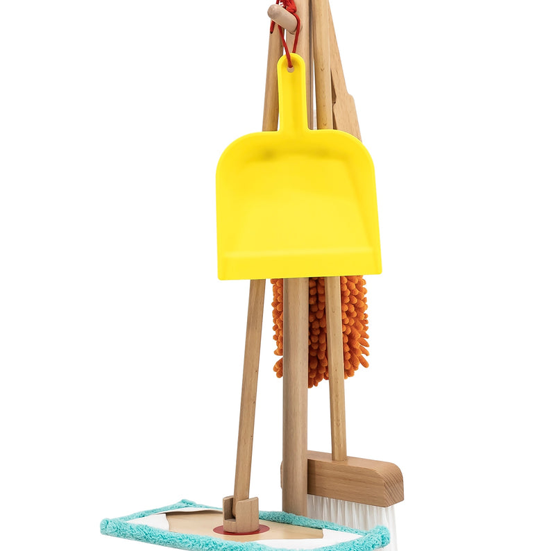 VIGA Wooden Cleaning Tool Set for Kids  Pretend Play Housekeeping Set with Broom, Mop, Brush and Stand  Educational Roleplay Toy for Ages 3 and Up