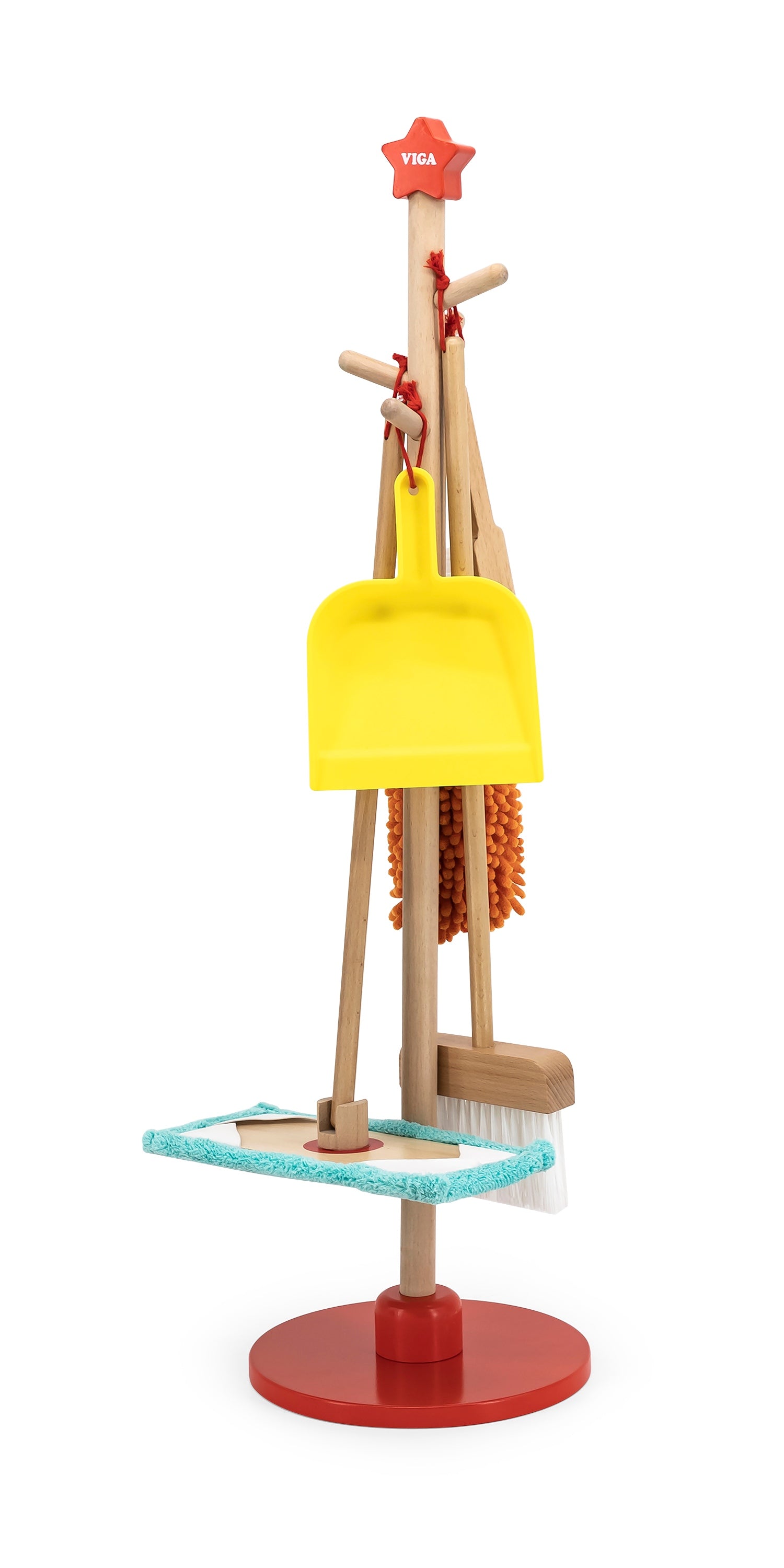 VIGA Wooden Cleaning Tool Set for Kids  Pretend Play Housekeeping Set with Broom, Mop, Brush and Stand  Educational Roleplay Toy for Ages 3 and Up