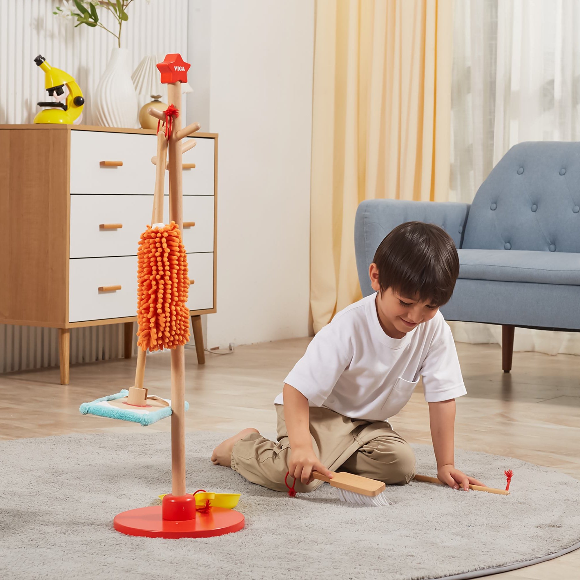 VIGA Wooden Cleaning Tool Set for Kids  Pretend Play Housekeeping Set with Broom, Mop, Brush and Stand  Educational Roleplay Toy for Ages 3 and Up