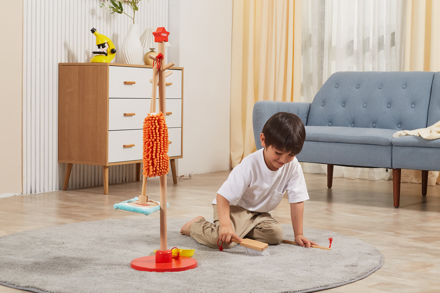VIGA Wooden Cleaning Tool Set for Kids  Pretend Play Housekeeping Set with Broom, Mop, Brush and Stand  Educational Roleplay Toy for Ages 3 and Up