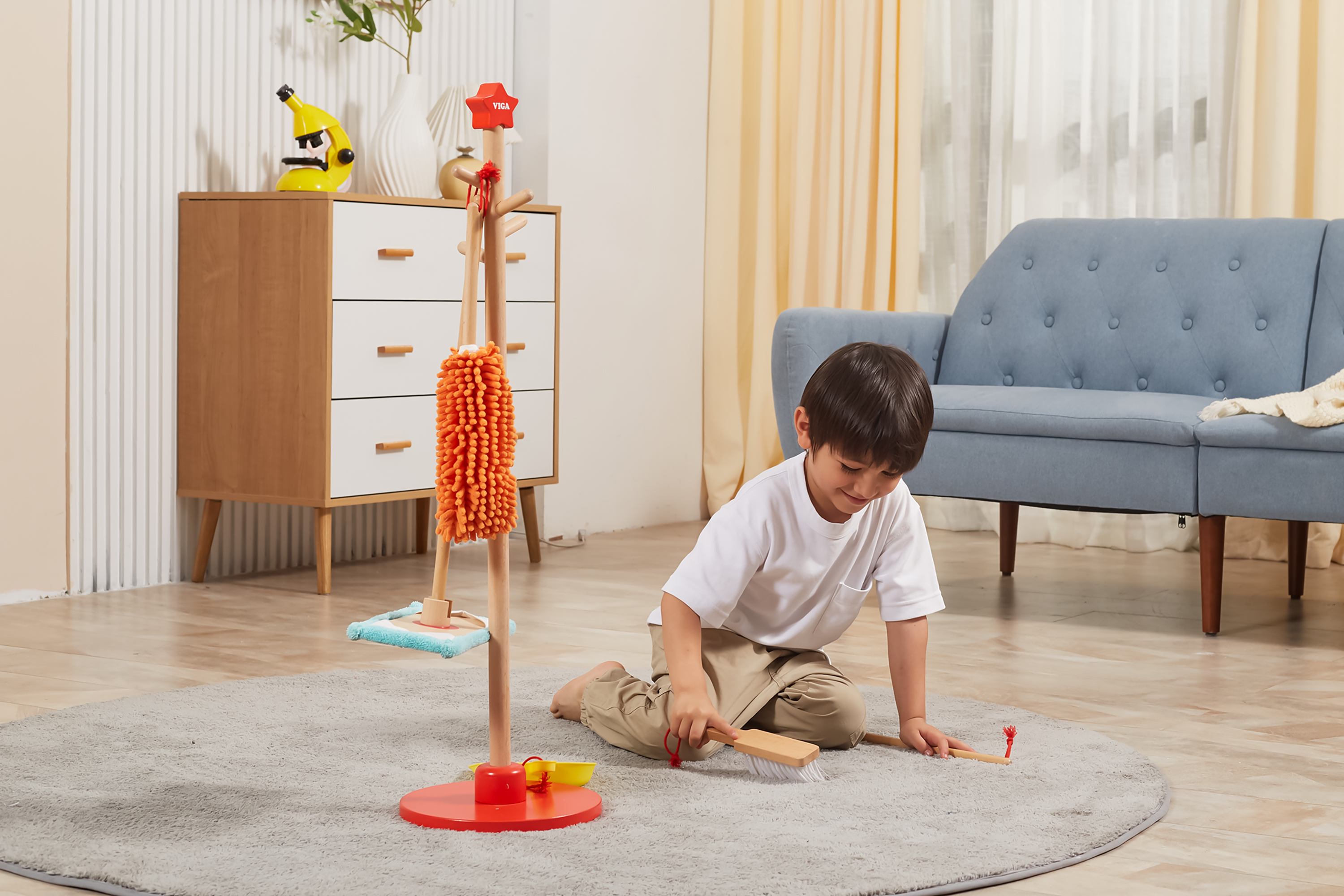 VIGA Wooden Cleaning Tool Set for Kids  Pretend Play Housekeeping Set with Broom, Mop, Brush and Stand  Educational Roleplay Toy for Ages 3 and Up