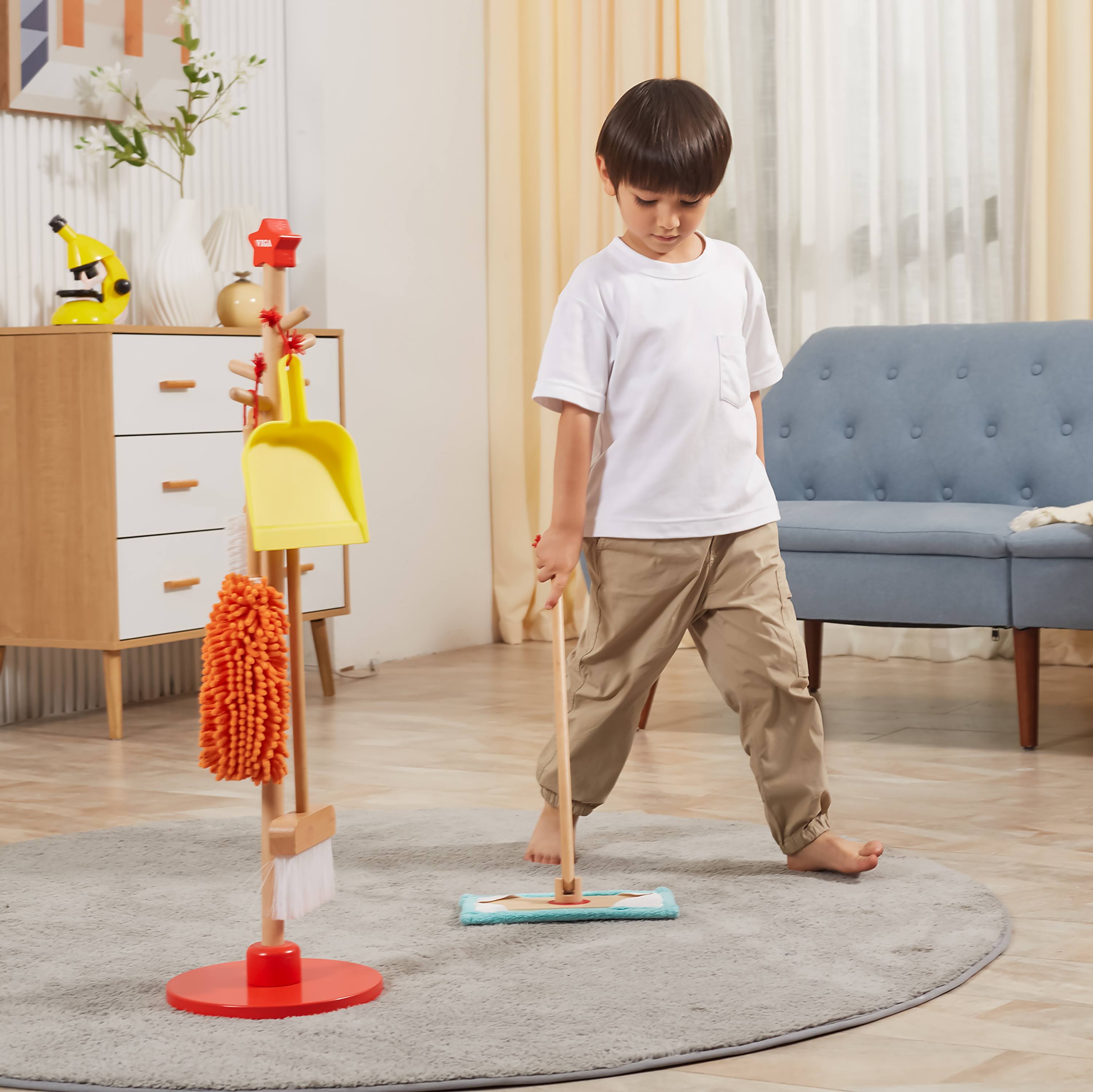 VIGA Wooden Cleaning Tool Set for Kids  Pretend Play Housekeeping Set with Broom, Mop, Brush and Stand  Educational Roleplay Toy for Ages 3 and Up