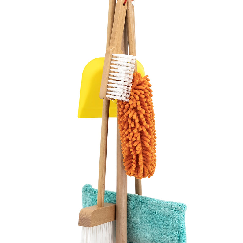 VIGA Wooden Cleaning Tool Set for Kids  Pretend Play Housekeeping Set with Broom, Mop, Brush and Stand  Educational Roleplay Toy for Ages 3 and Up
