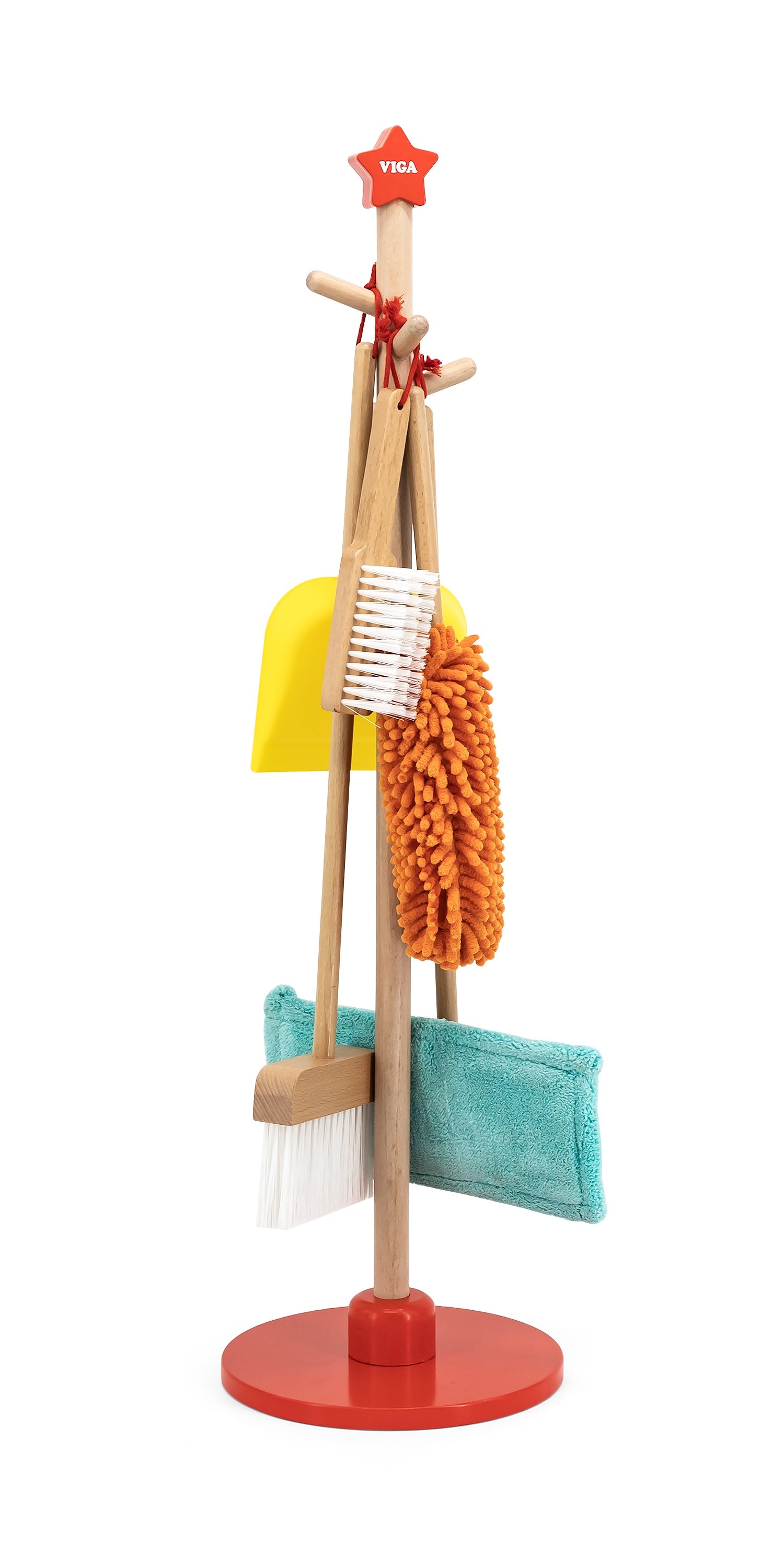 VIGA Wooden Cleaning Tool Set for Kids  Pretend Play Housekeeping Set with Broom, Mop, Brush and Stand  Educational Roleplay Toy for Ages 3 and Up
