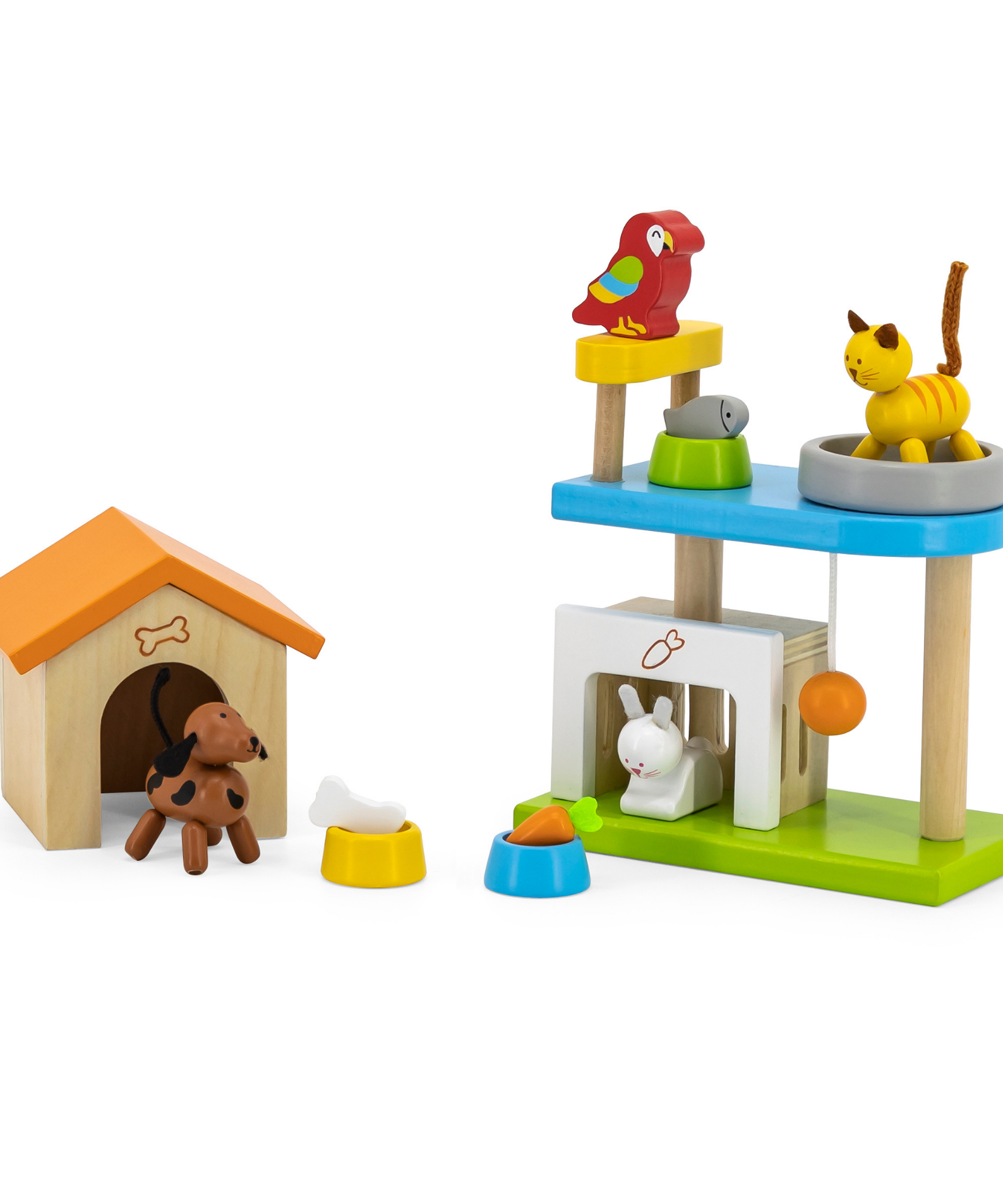 VIGA My Pets Wooden Roleplay Toy Set  4 Pet Figures with Feeding and Sleeping Accessories  Educational Pretend Play for Children 3 Years and Up