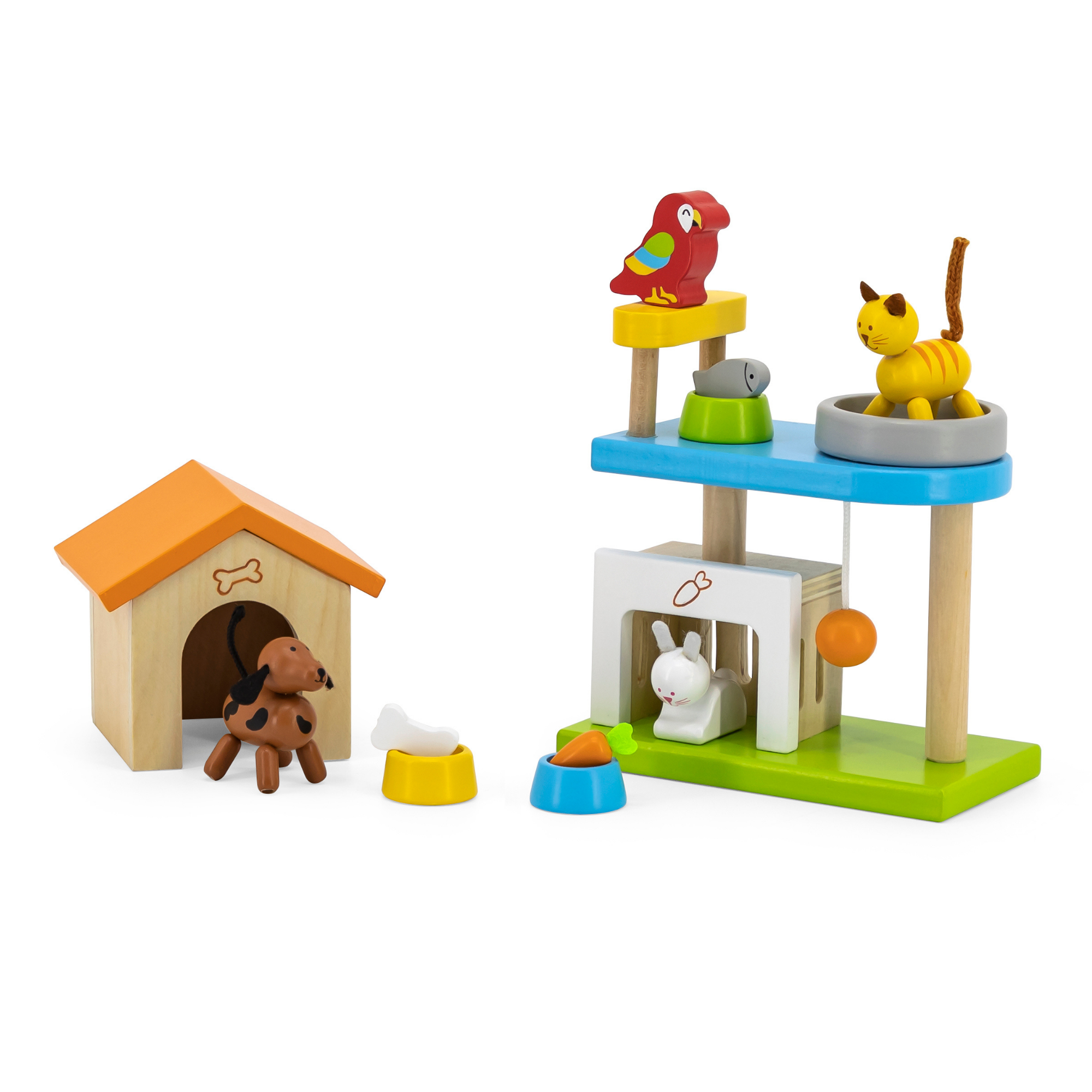 VIGA My Pets Wooden Roleplay Toy Set  4 Pet Figures with Feeding and Sleeping Accessories  Educational Pretend Play for Children 3 Years and Up
