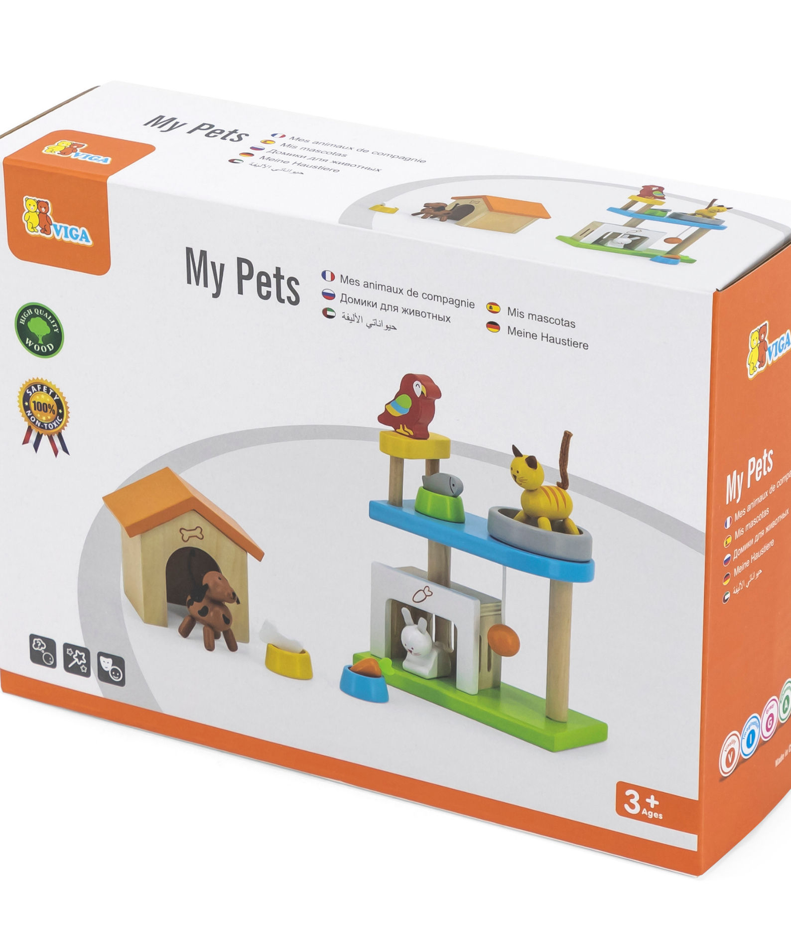 VIGA My Pets Wooden Roleplay Toy Set  4 Pet Figures with Feeding and Sleeping Accessories  Educational Pretend Play for Children 3 Years and Up