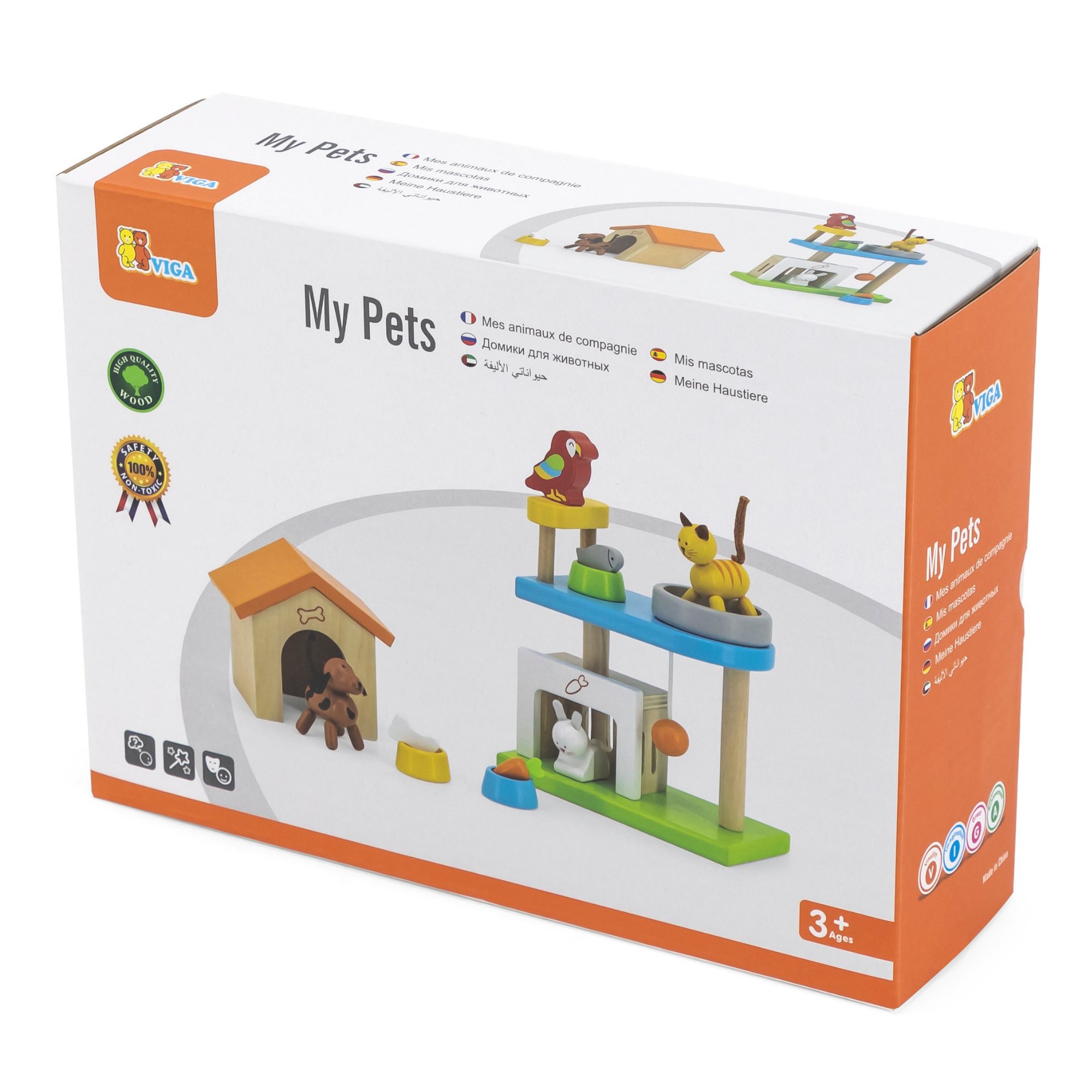 VIGA My Pets Wooden Roleplay Toy Set  4 Pet Figures with Feeding and Sleeping Accessories  Educational Pretend Play for Children 3 Years and Up