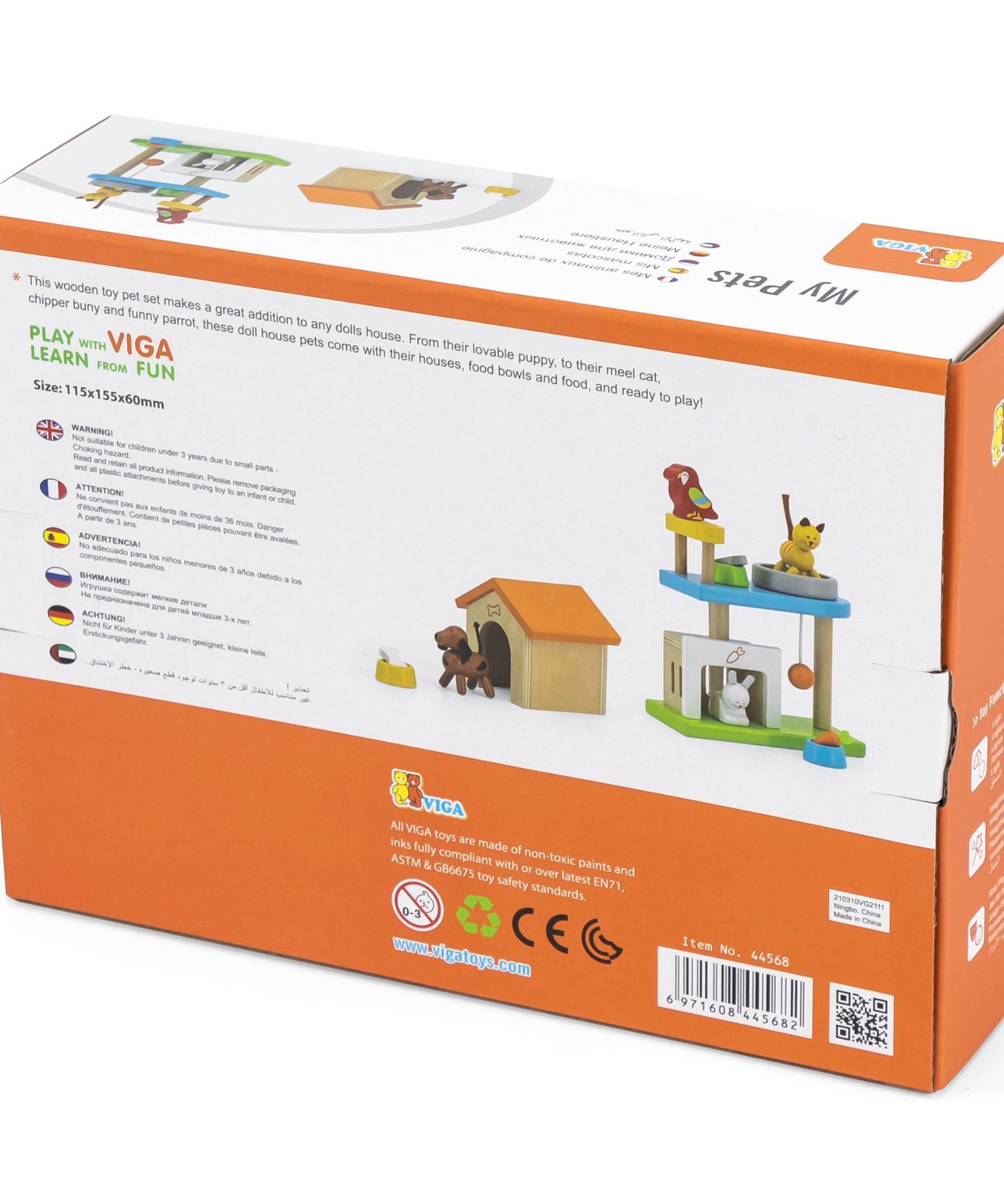 VIGA My Pets Wooden Roleplay Toy Set  4 Pet Figures with Feeding and Sleeping Accessories  Educational Pretend Play for Children 3 Years and Up