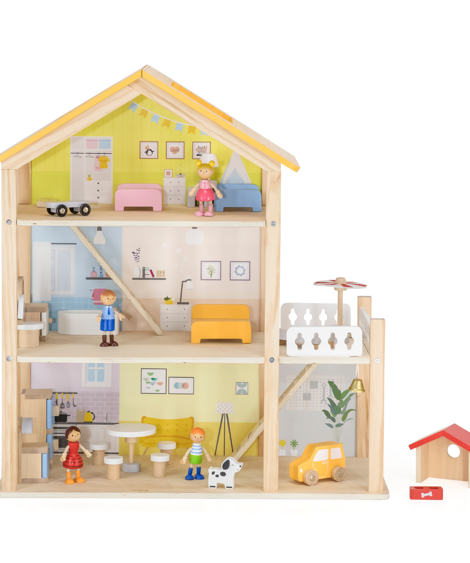 VIGA 3-Storey Wooden Dollhouse with Furniture and Accessories  Spacious Pastel-Colored Playhouse for Dolls up to 10 cm  Includes 4 Figures and Puppy