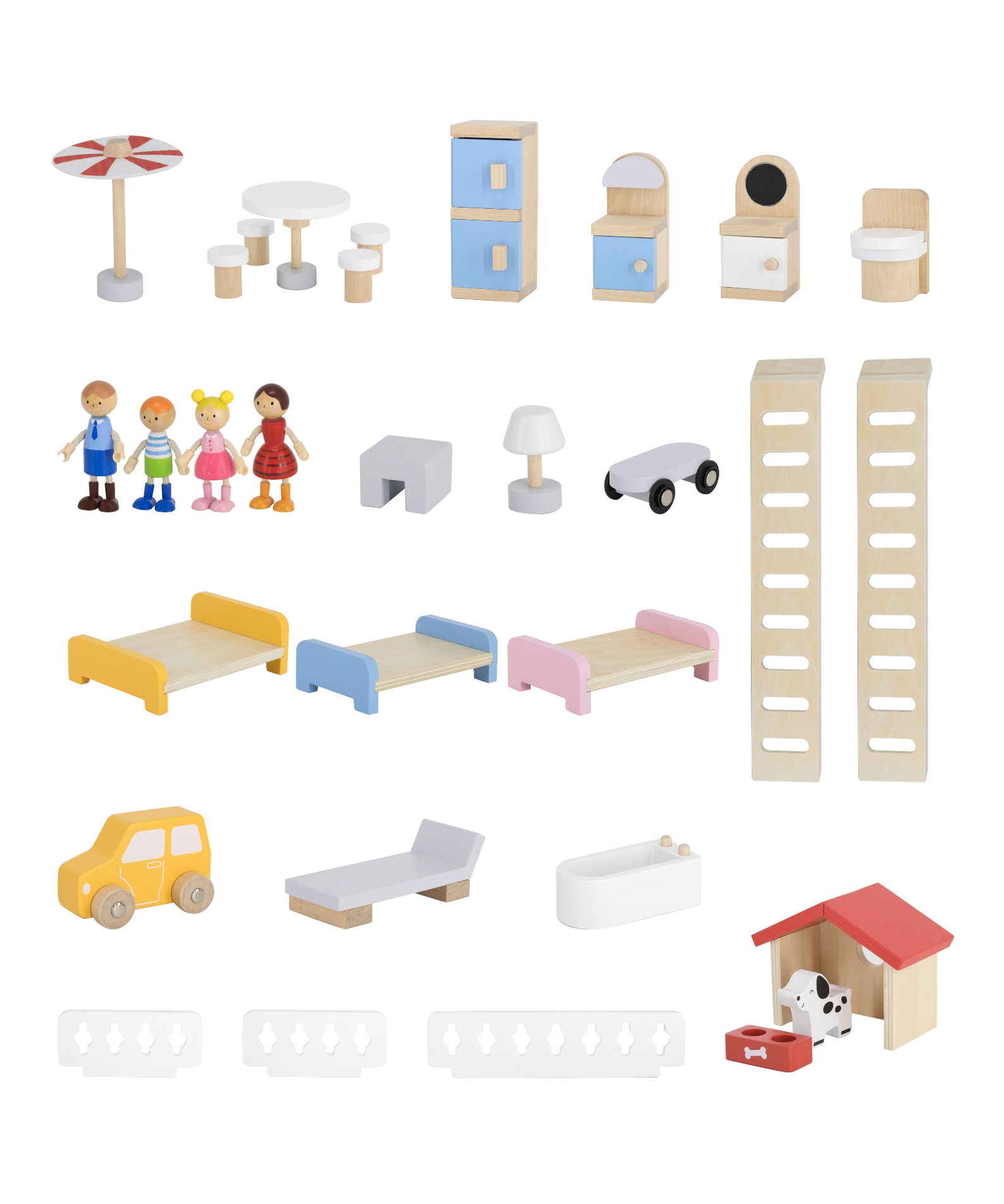 VIGA 3-Storey Wooden Dollhouse with Furniture and Accessories  Spacious Pastel-Colored Playhouse for Dolls up to 10 cm  Includes 4 Figures and Puppy