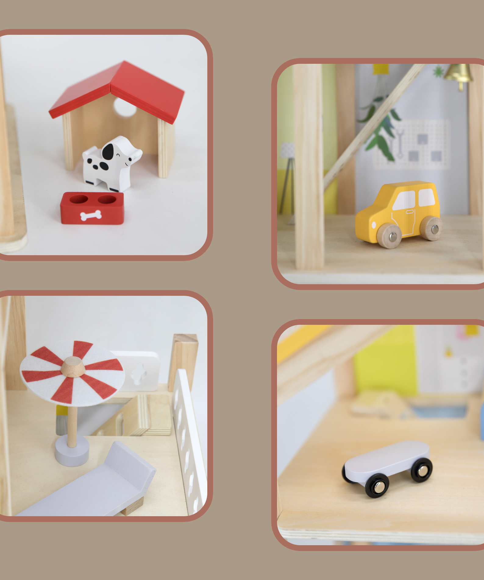 VIGA 3-Storey Wooden Dollhouse with Furniture and Accessories  Spacious Pastel-Colored Playhouse for Dolls up to 10 cm  Includes 4 Figures and Puppy