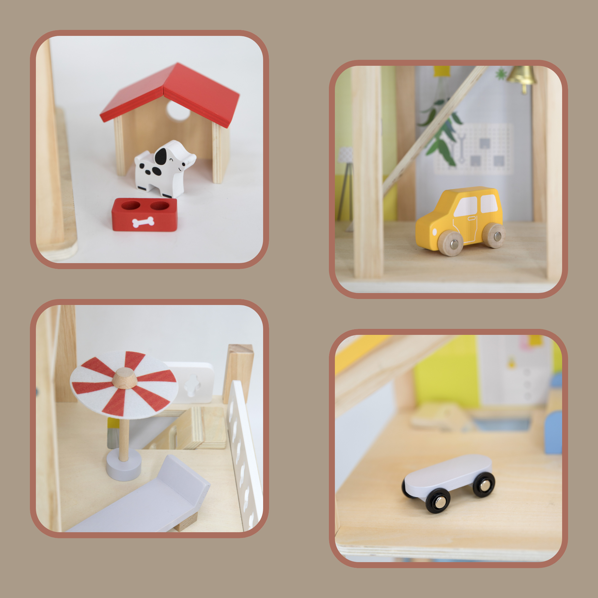 VIGA 3-Storey Wooden Dollhouse with Furniture and Accessories  Spacious Pastel-Colored Playhouse for Dolls up to 10 cm  Includes 4 Figures and Puppy