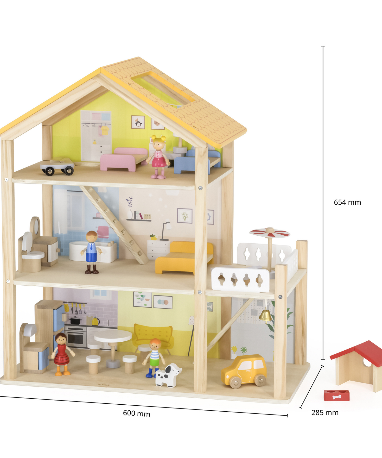 VIGA 3-Storey Wooden Dollhouse with Furniture and Accessories  Spacious Pastel-Colored Playhouse for Dolls up to 10 cm  Includes 4 Figures and Puppy