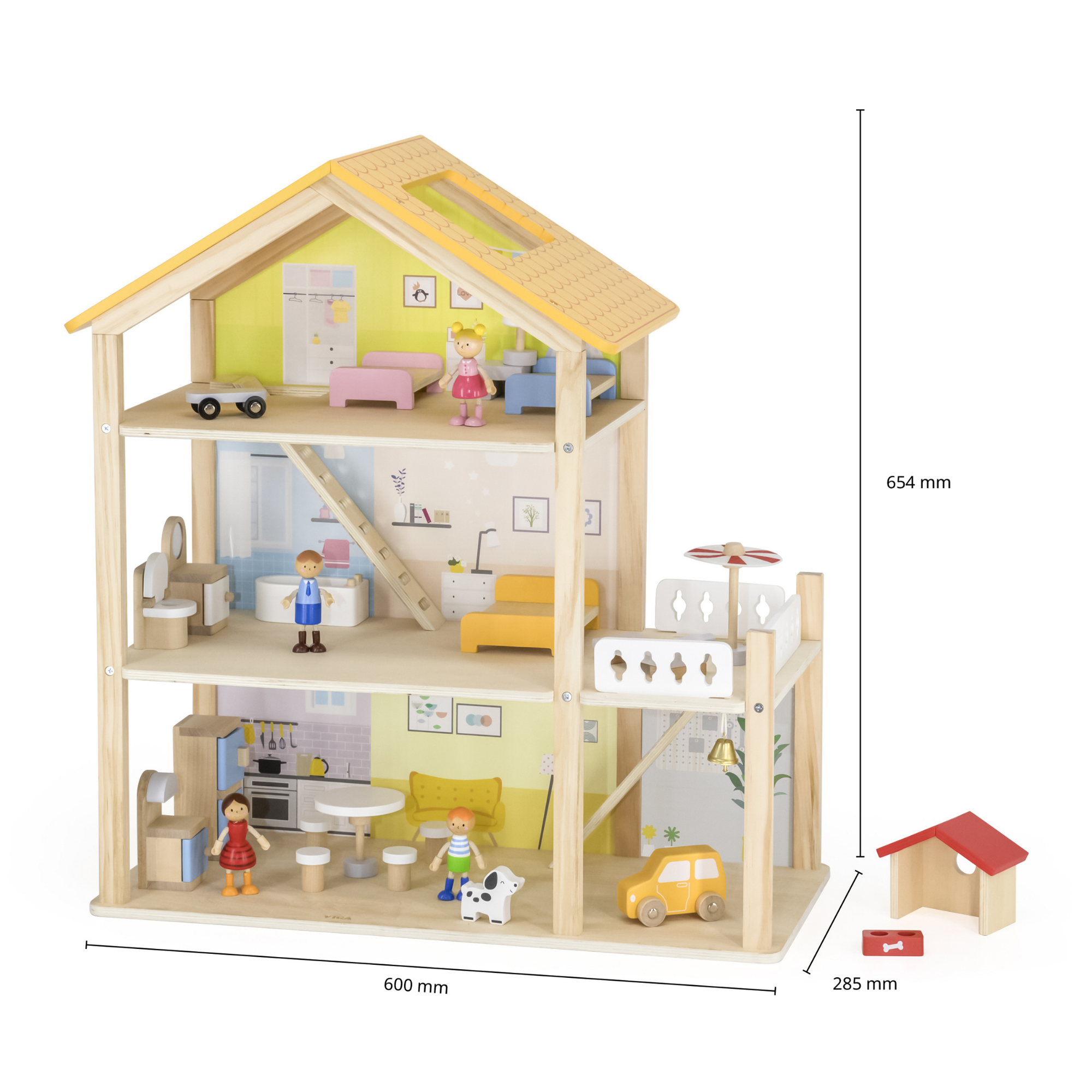 VIGA 3-Storey Wooden Dollhouse with Furniture and Accessories  Spacious Pastel-Colored Playhouse for Dolls up to 10 cm  Includes 4 Figures and Puppy